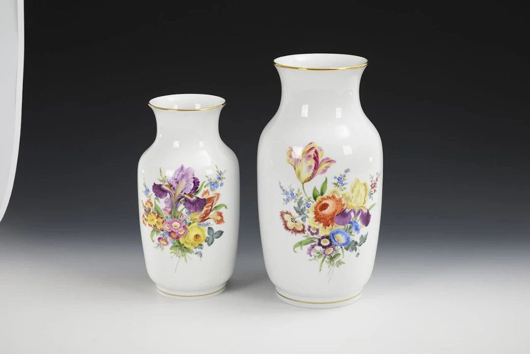 2 large vases with floral designs. Meissen.