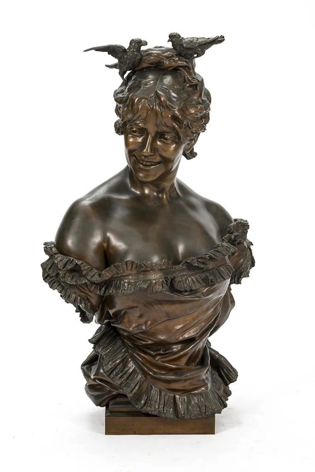 REYNÉS, REYNÉS, Large Art Nouveau bronze bust of a woman with birds