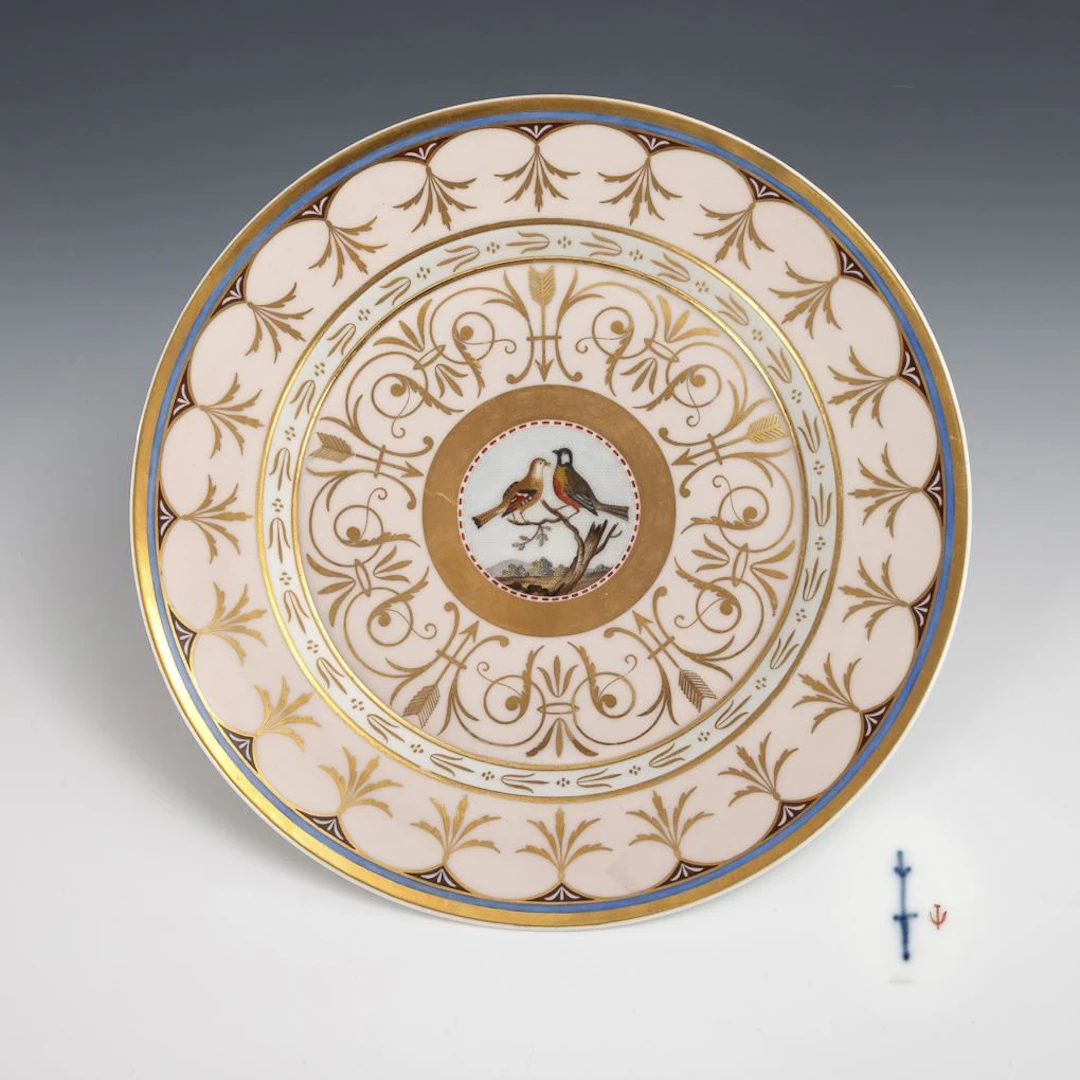 Biedermeier plate with micro-mosaic painting. KPM Berlin.
