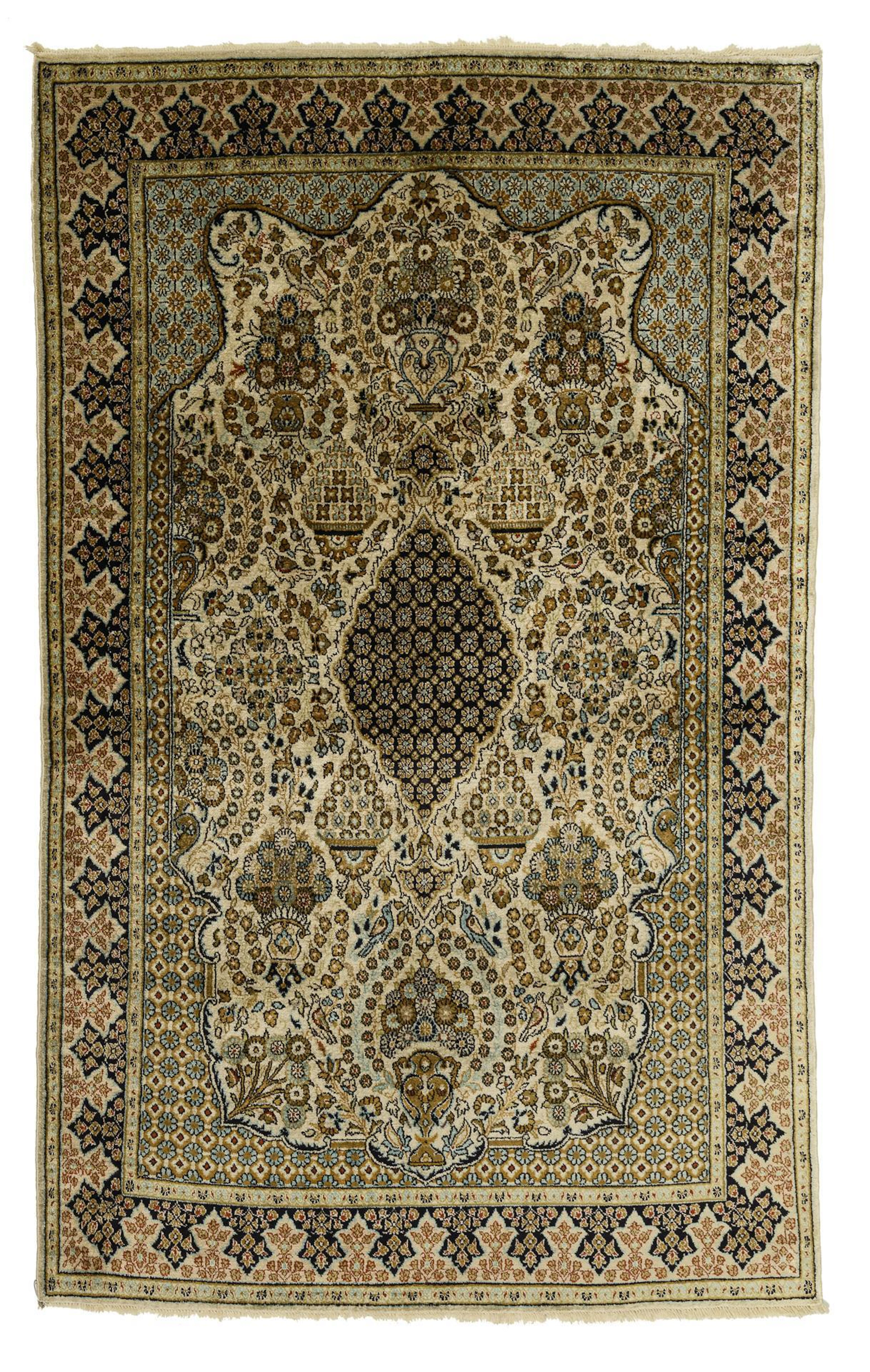 Oriental "Ghom" silk carpet with vase design.