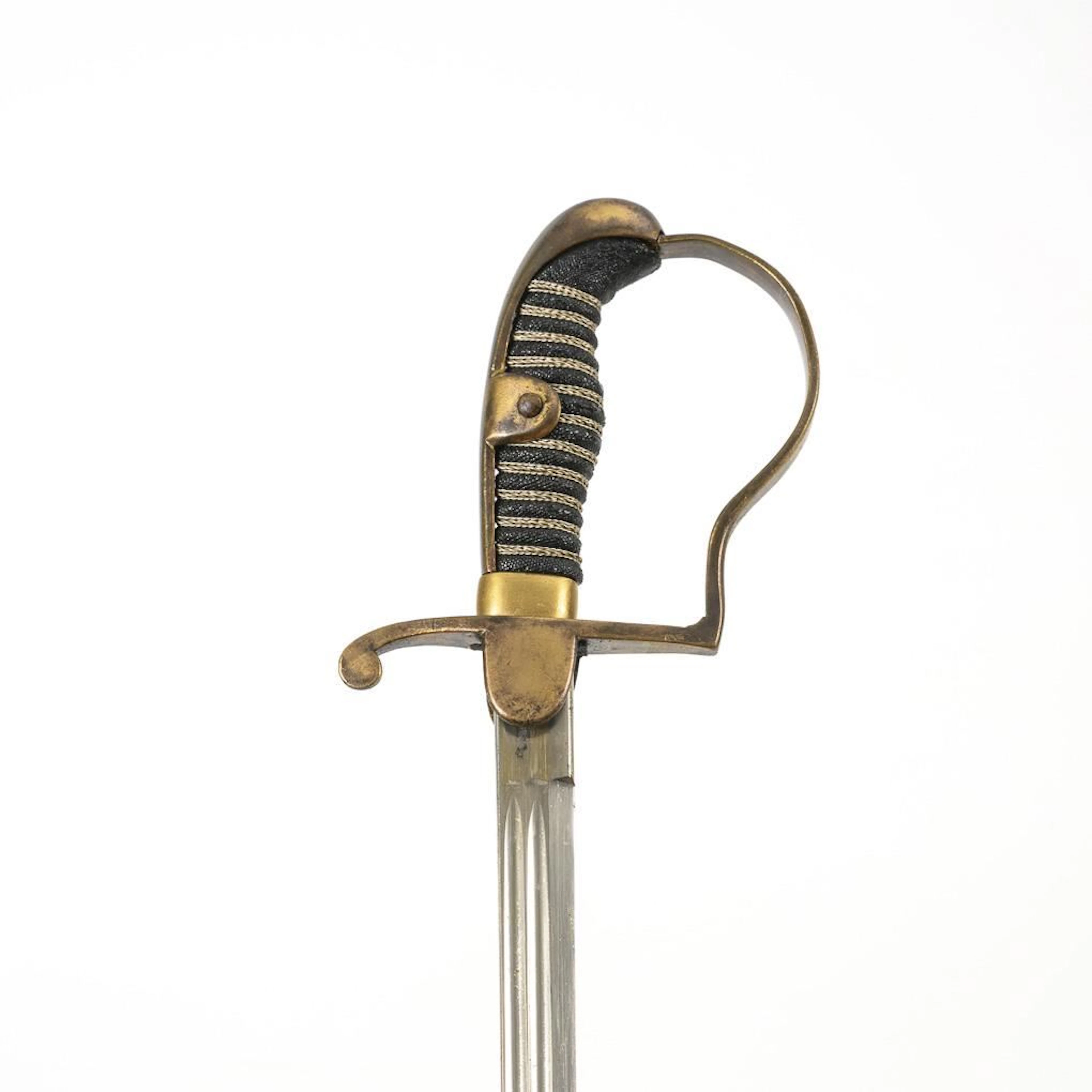 Short sword with a repaired scabbard.