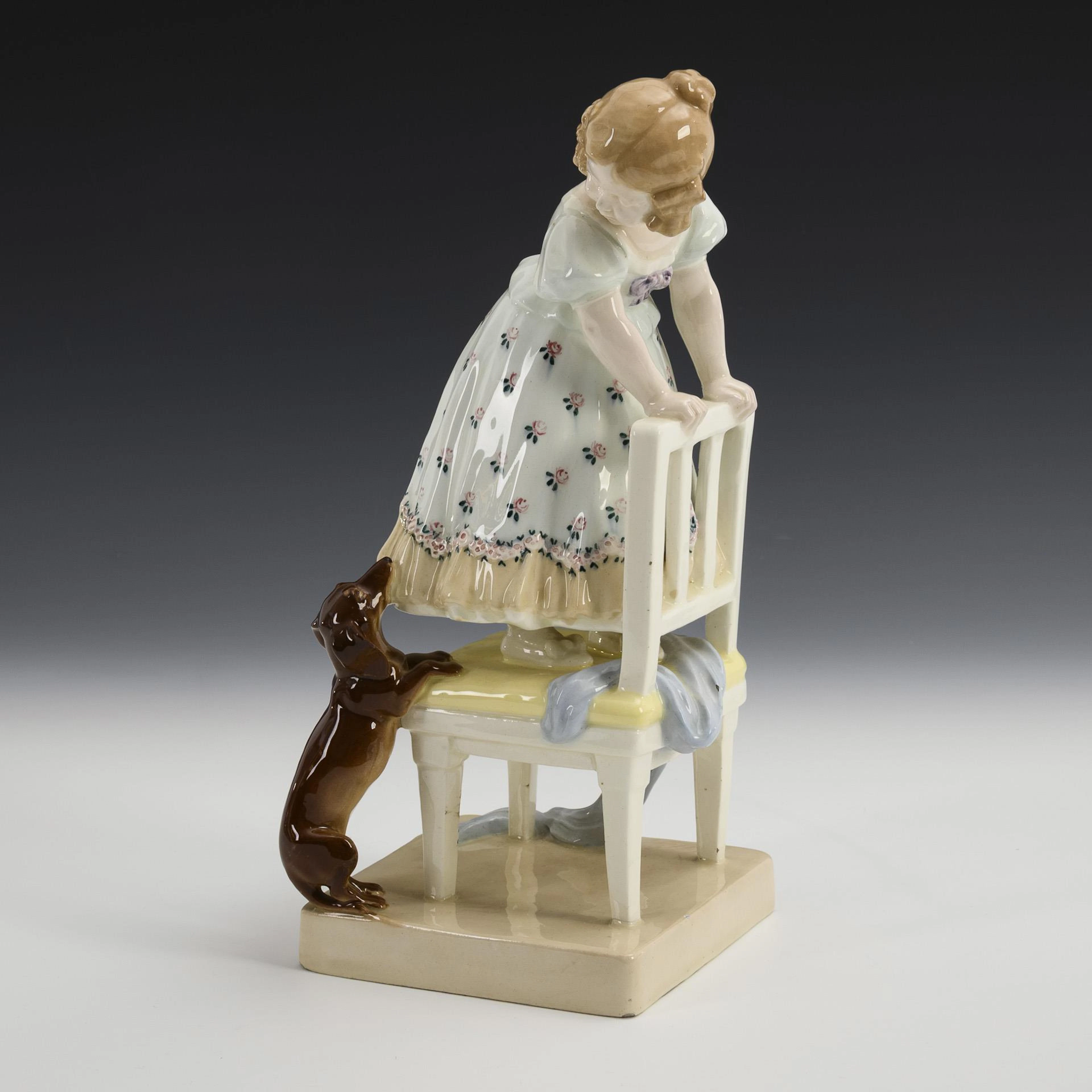 Art Nouveau figurine group "Biedermeier girl with dog". Viennese manufactory