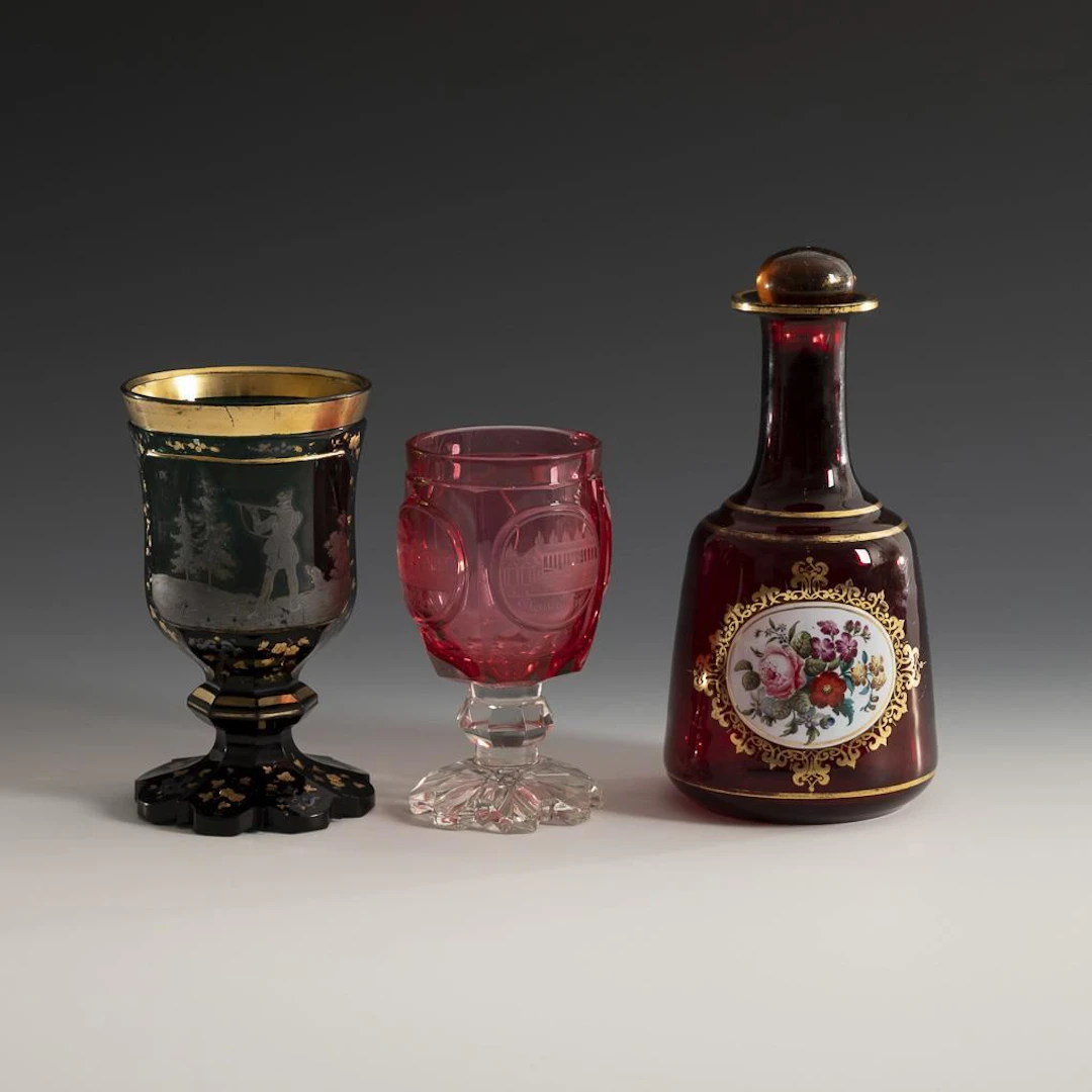Carafe with enamel painting and 2 glasses.