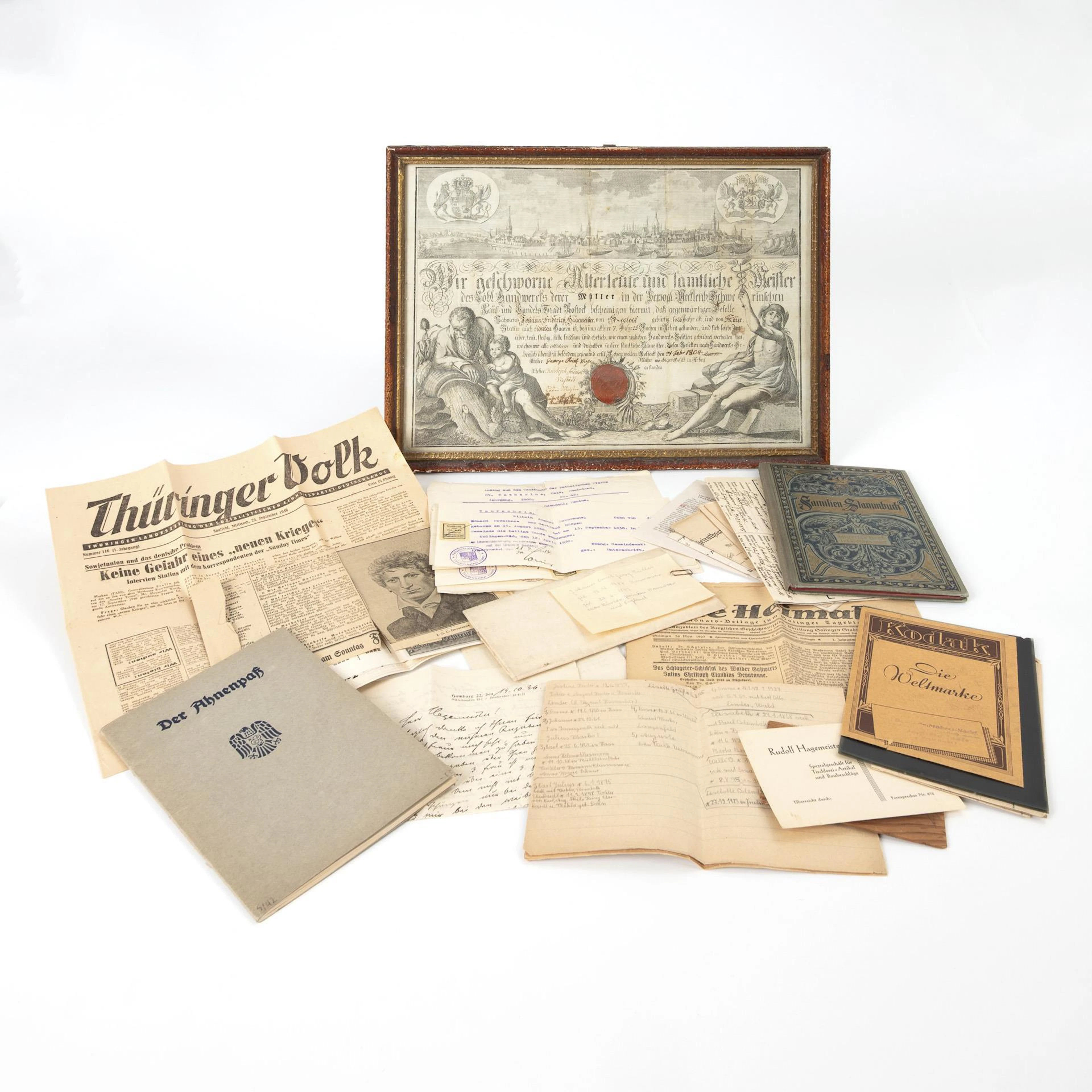 Historical journeyman's certificate with seal, plus documents.