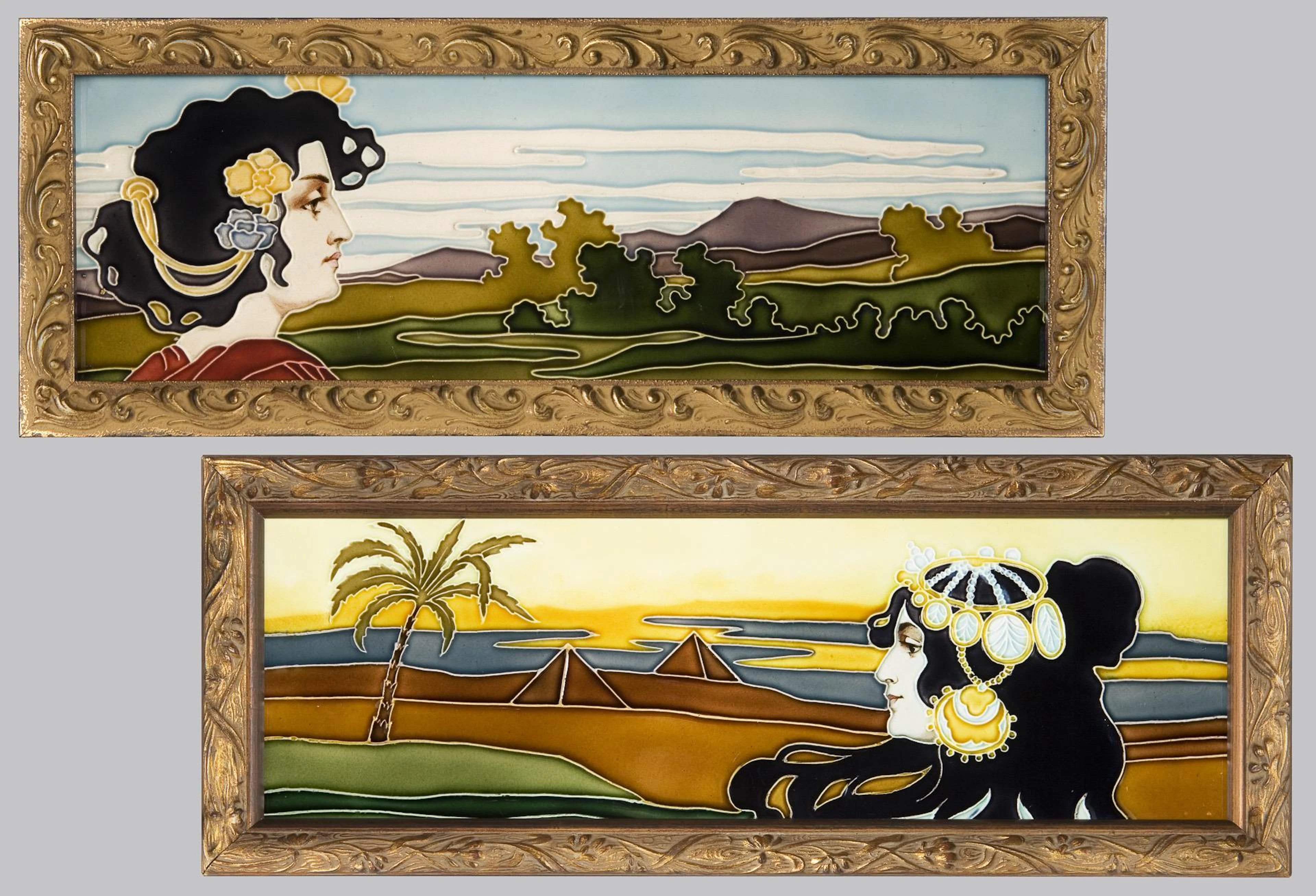 2 Art Nouveau tiles in a stucco frame. Johann von Schwarz, Nuremberg.