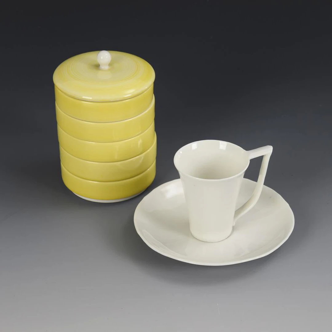 2 rare Art Deco porcelain pieces: stacking bowls and a mocha cup. KPM Berlin.