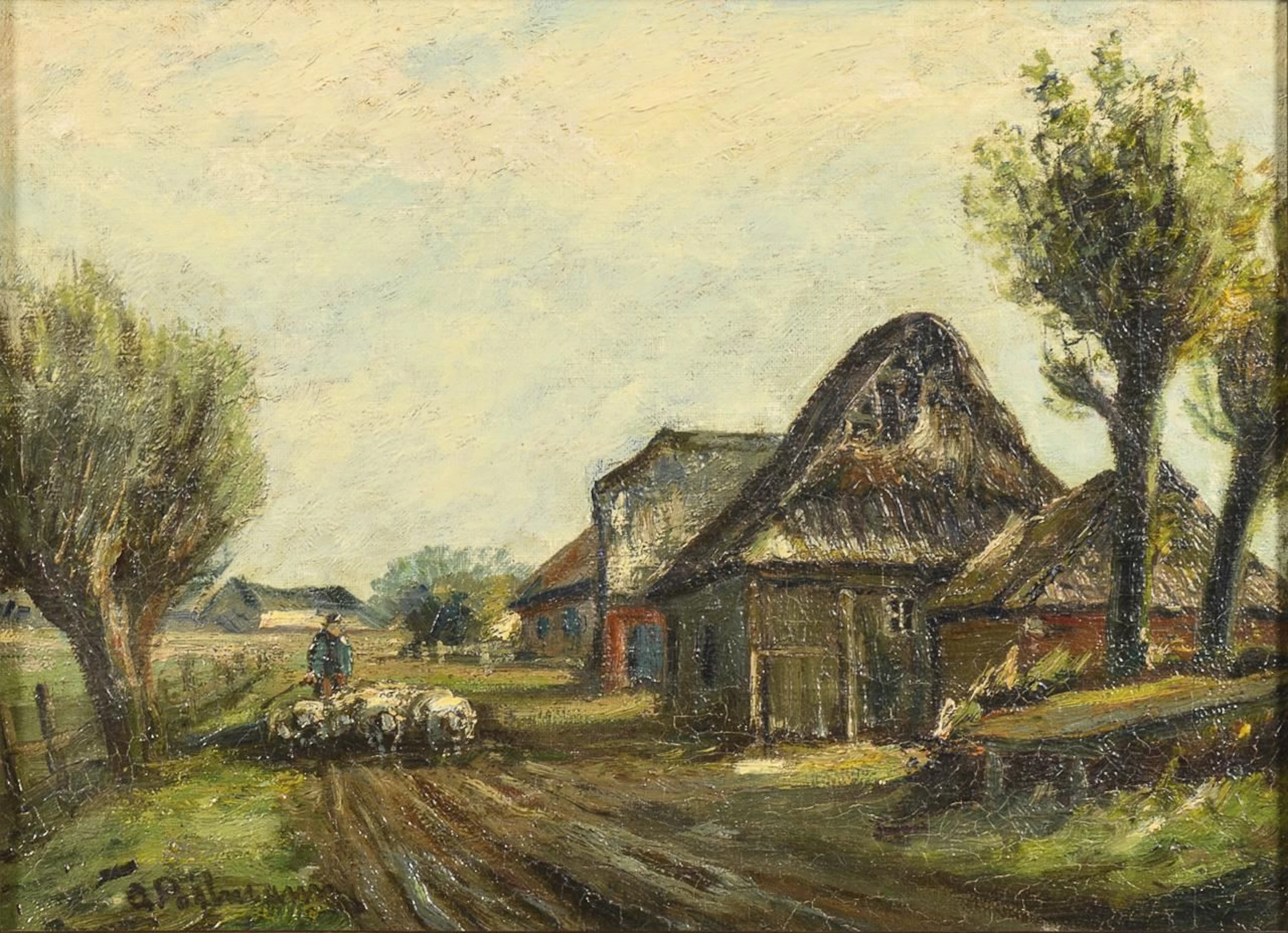 Indistinctly signed: Shepherd with Flock