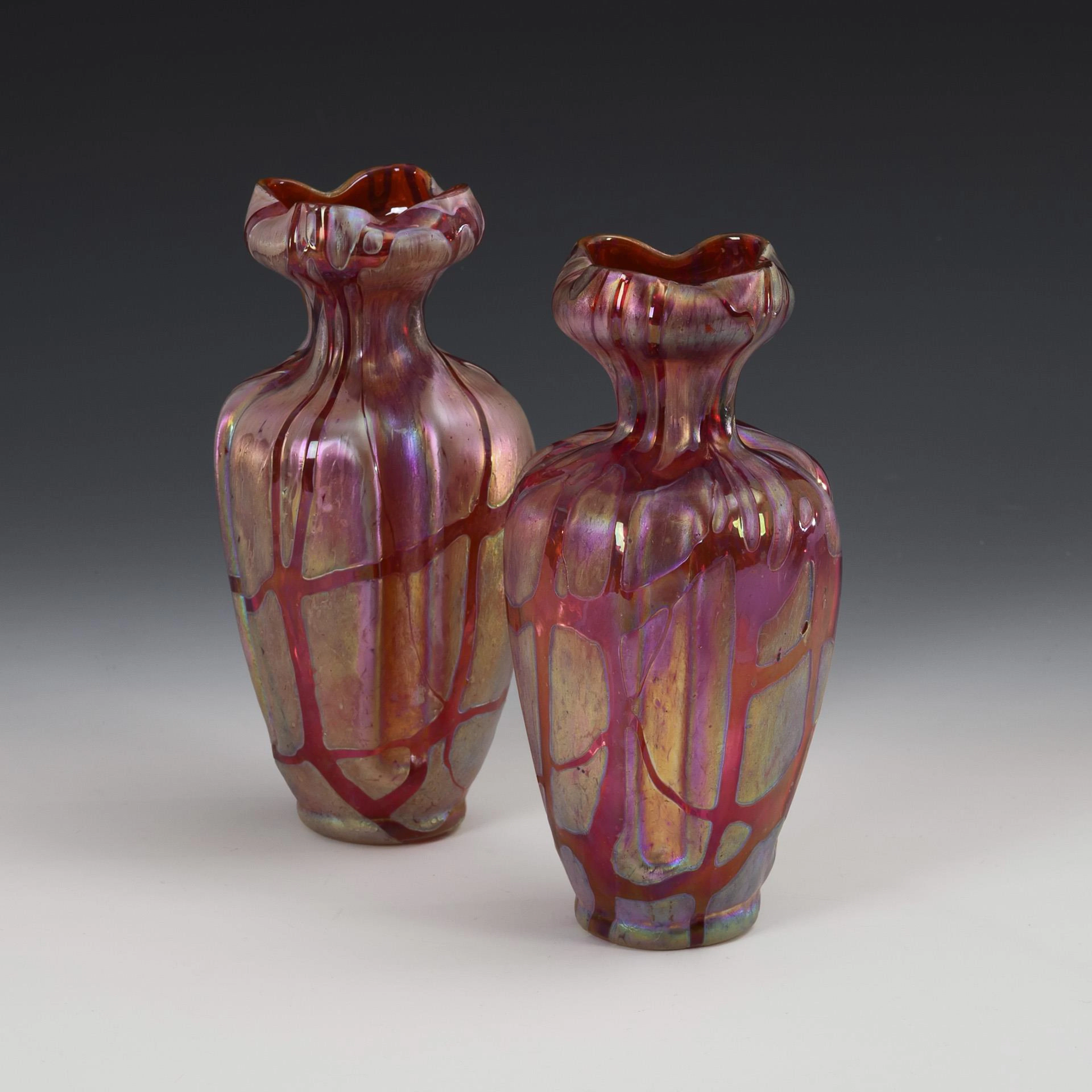 Pair of Art Nouveau vases with thread net decoration. Kralik.