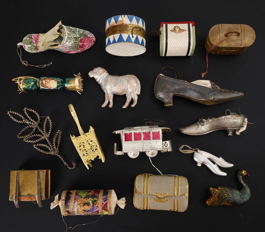 Assortment of Christmas tree ornaments. Dresden cardboard.