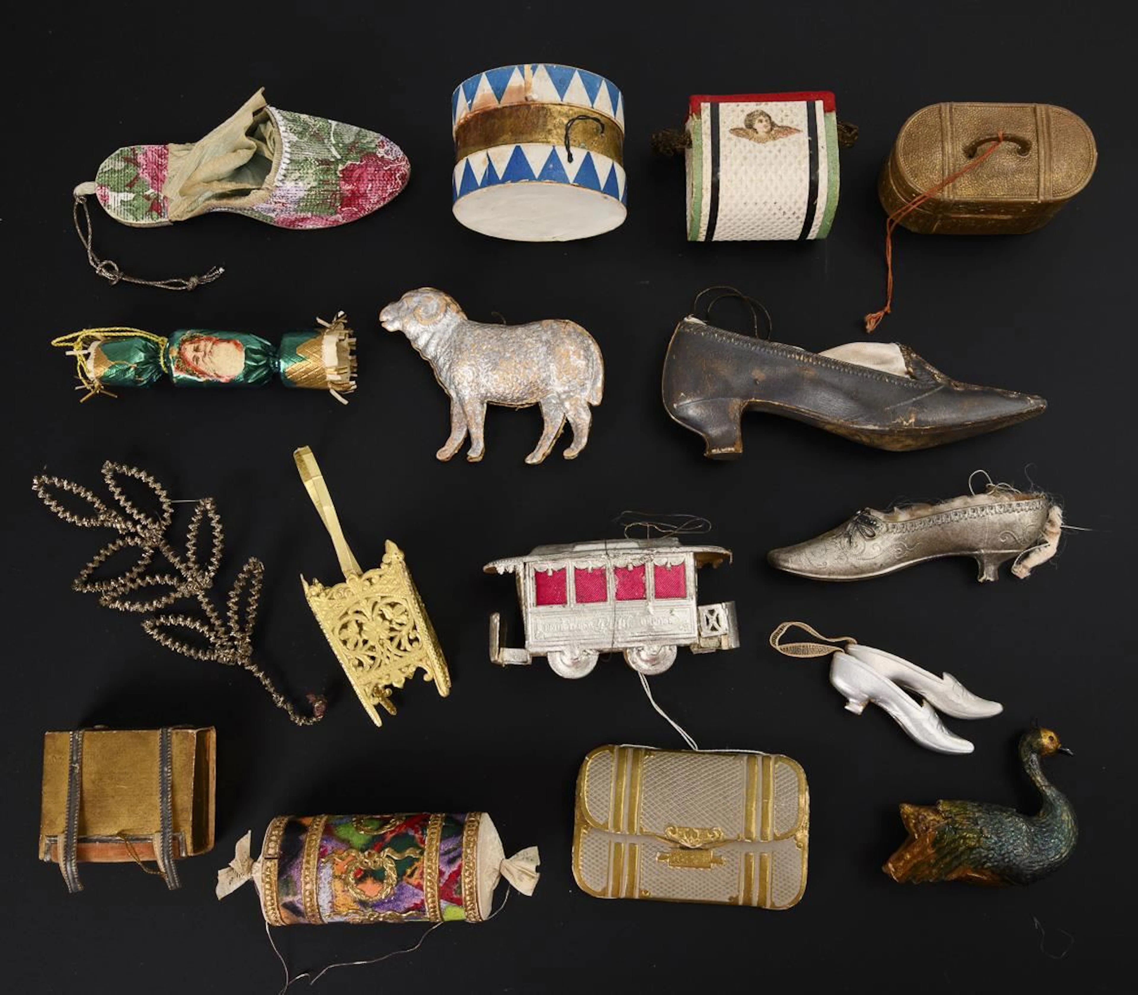 Assortment of Christmas tree ornaments. Dresden cardboard.