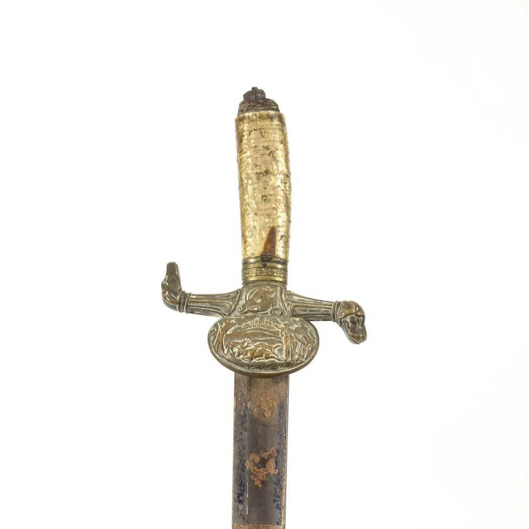 Deer-hunting knife with an antique mother-of-pearl handle and sheath.