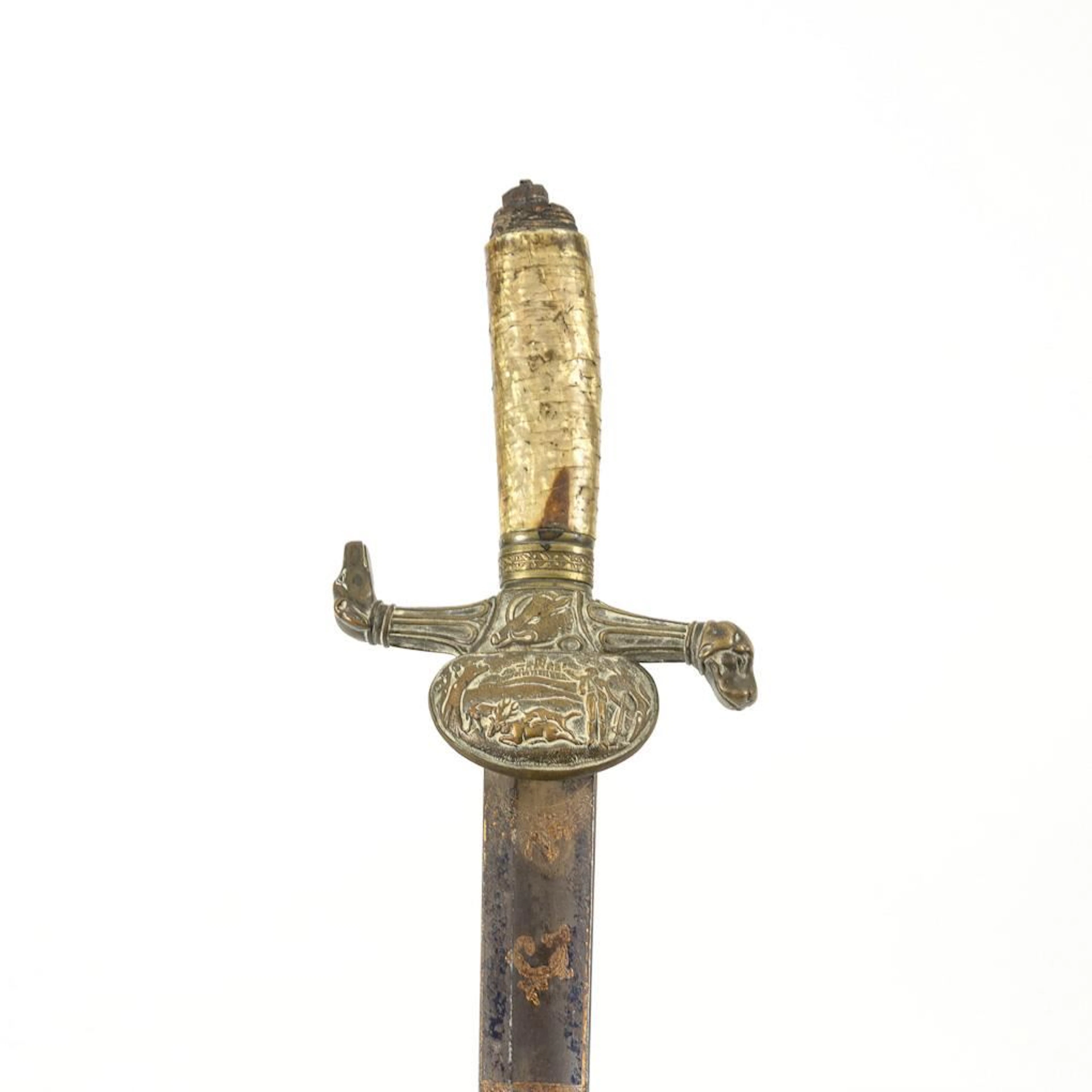 Deer-hunting knife with an antique mother-of-pearl handle and sheath.