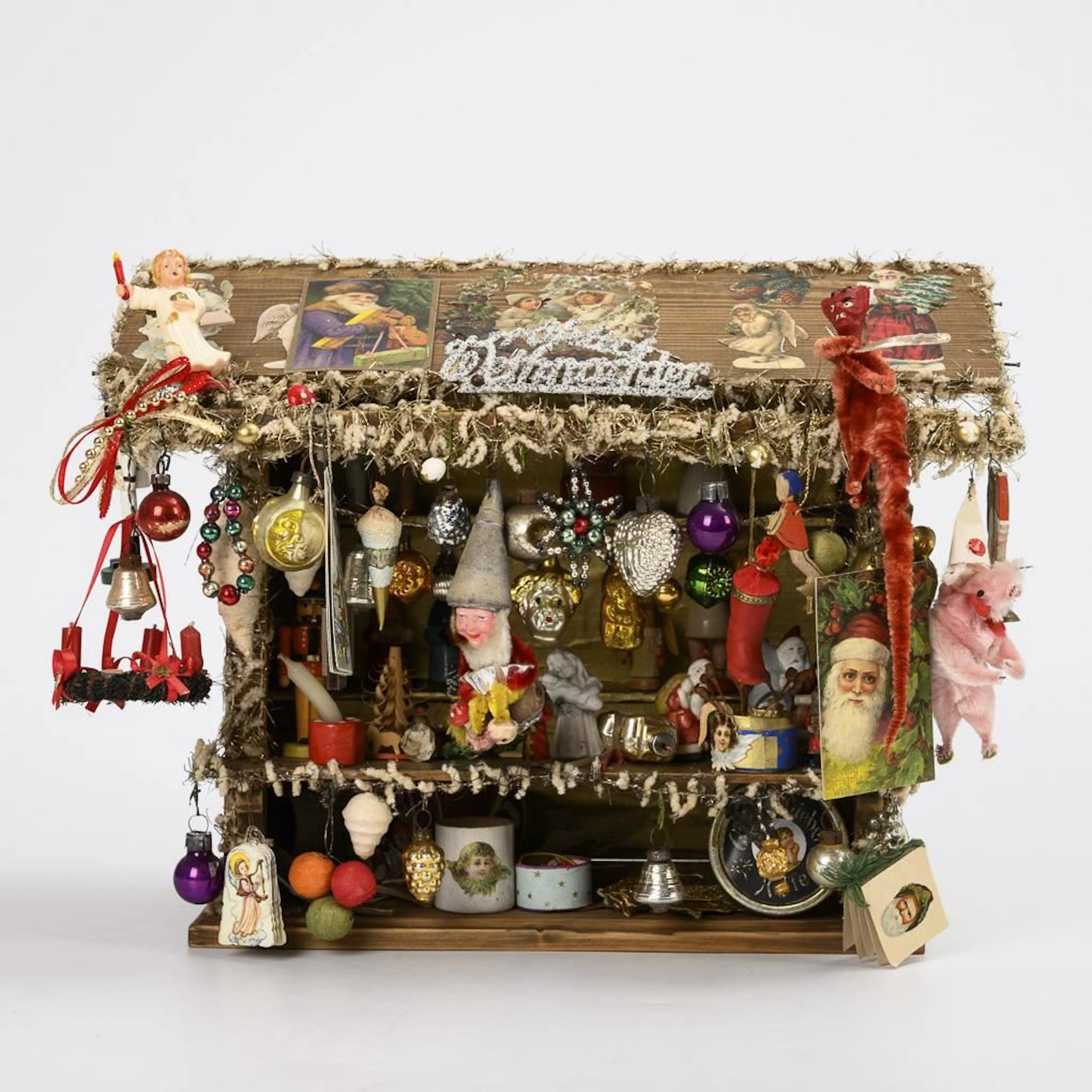 Small market stall with Christmas decorations.