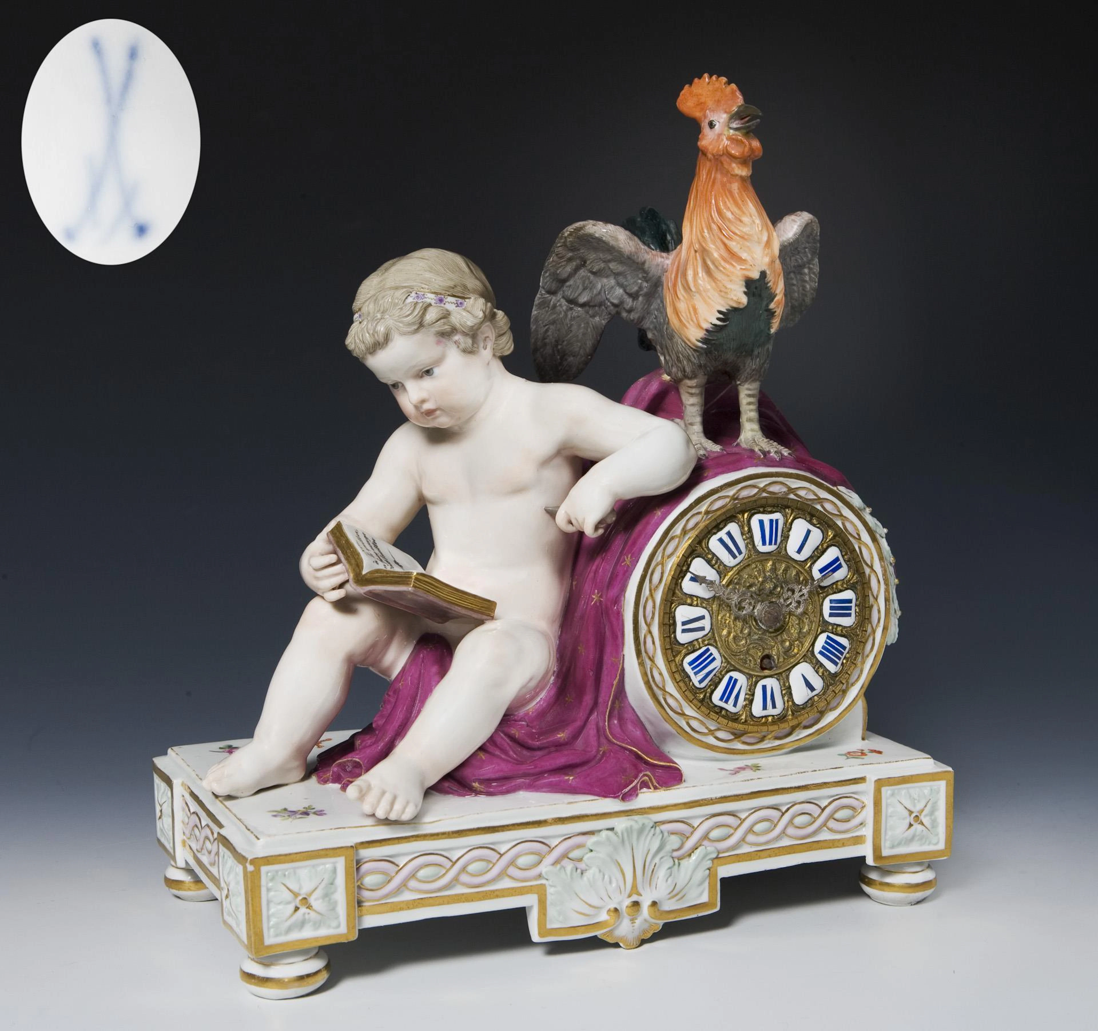 Clock case with cock. Meissen.