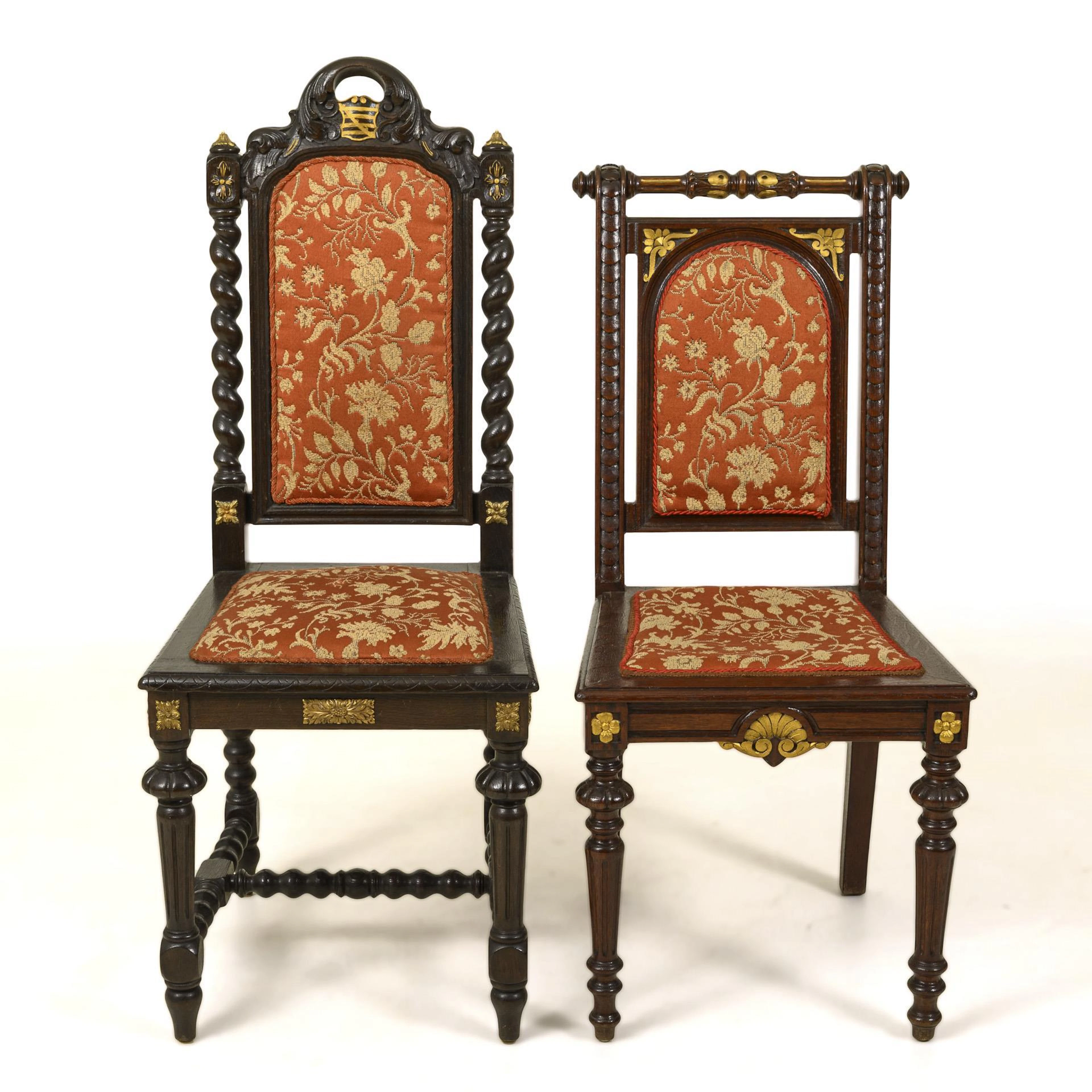 2 Gründerzeit style upholstered chairs. Oak, solid and dark stained