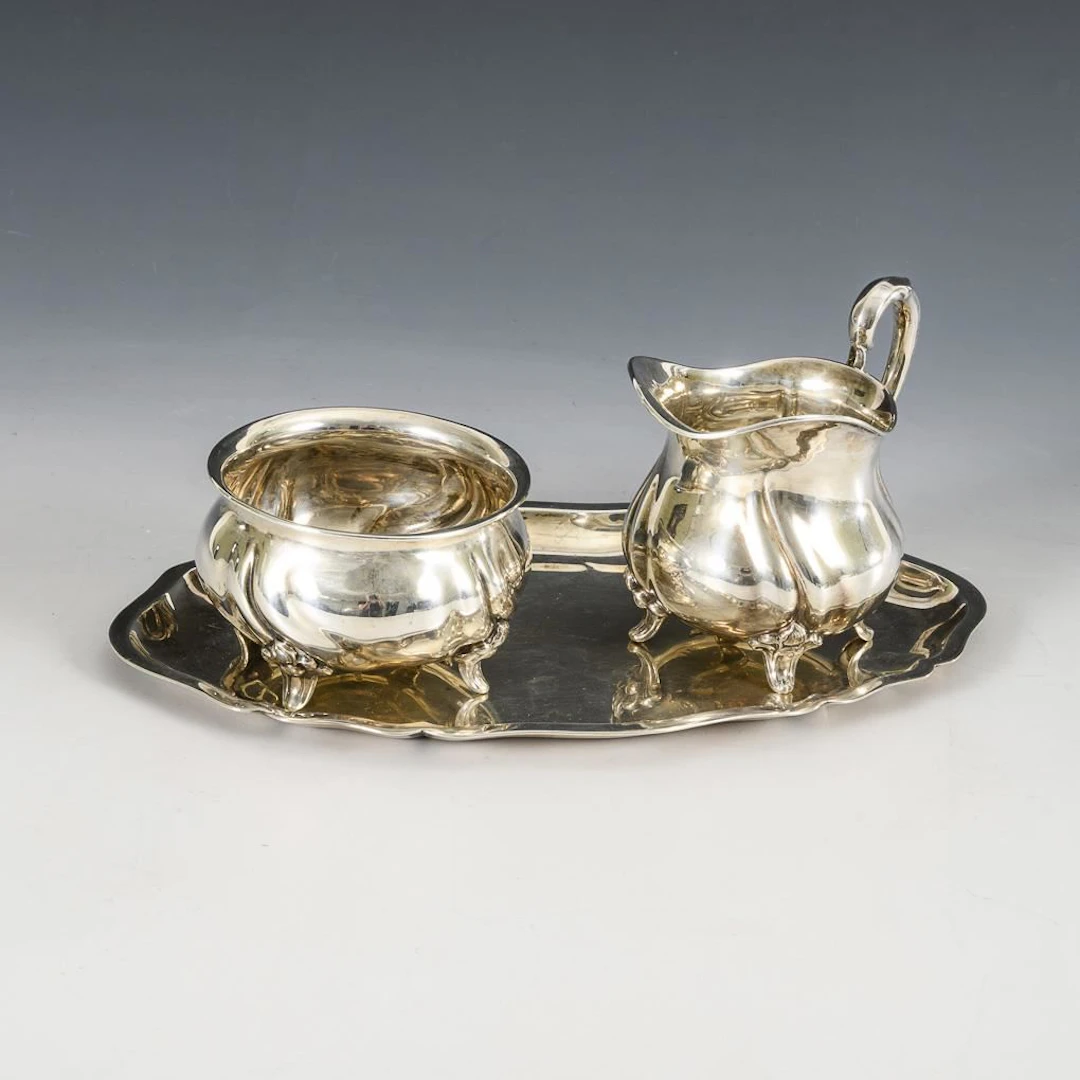 Silver sugar and cream set on a tray. Jakob Grimminger, Schwäbisch Gmünd.