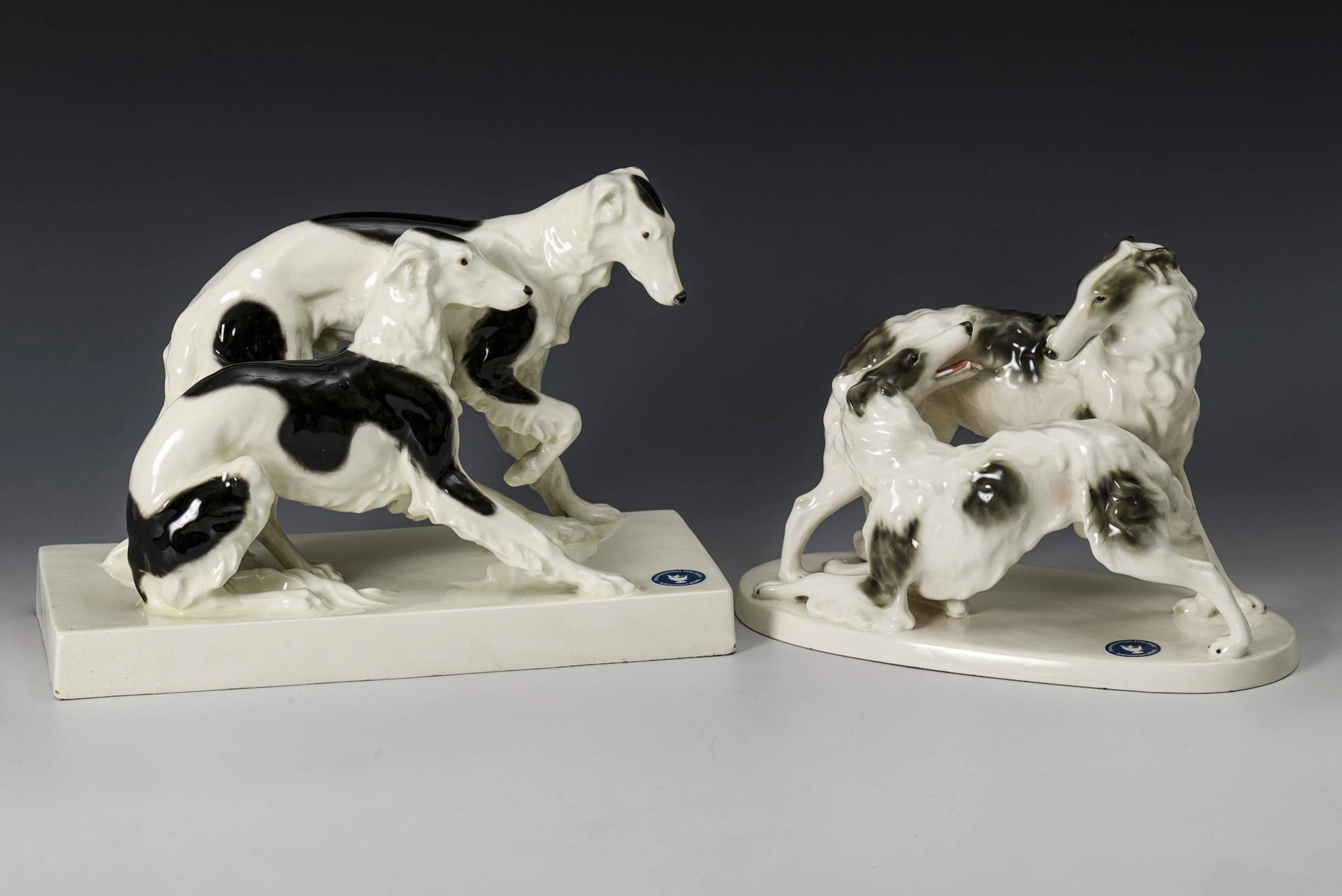 2 Art Deco greyhound groups. Viennese manufactory Friedrich Goldscheider.