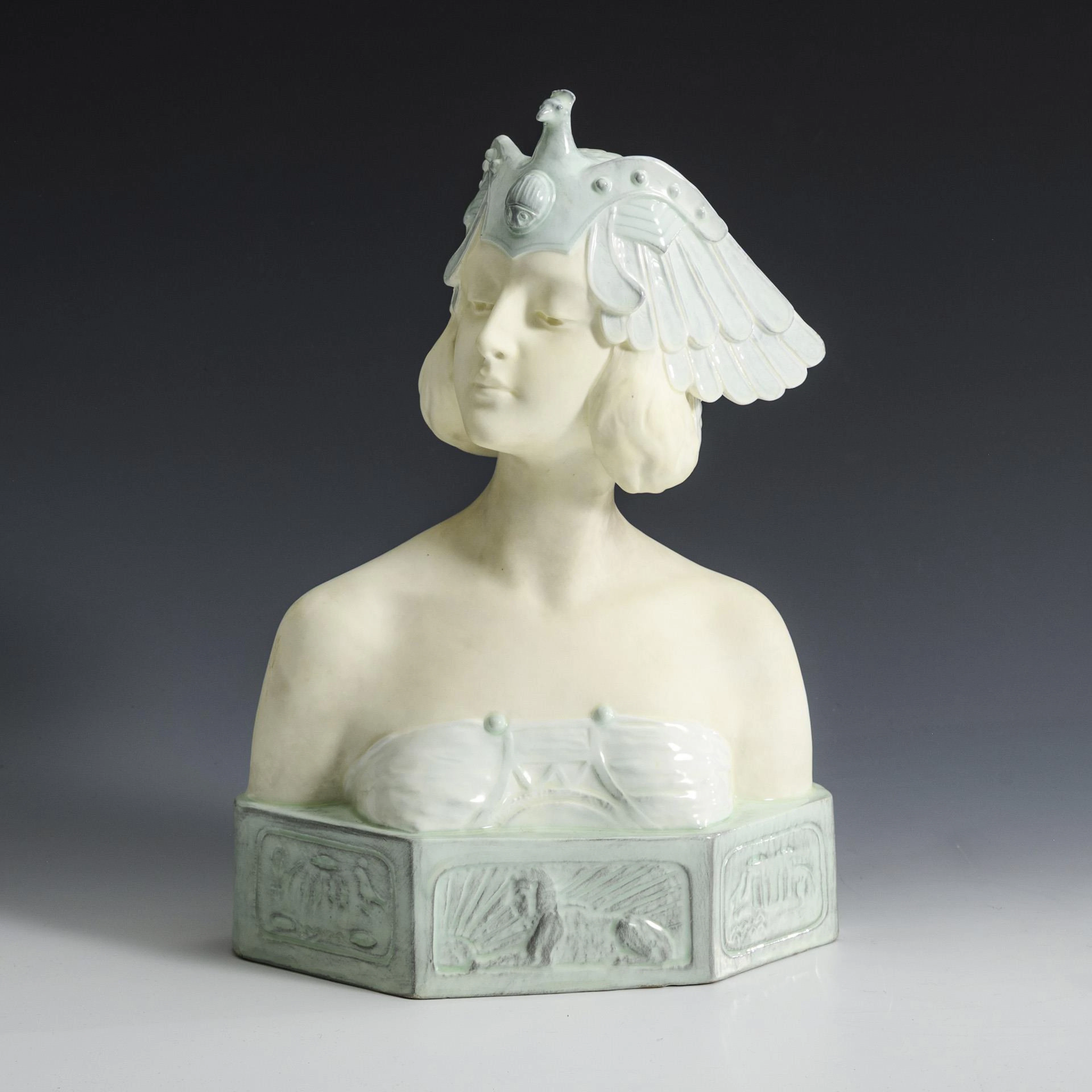 Art Nouveau bust of a woman with winged helmet. Viennese manufactory