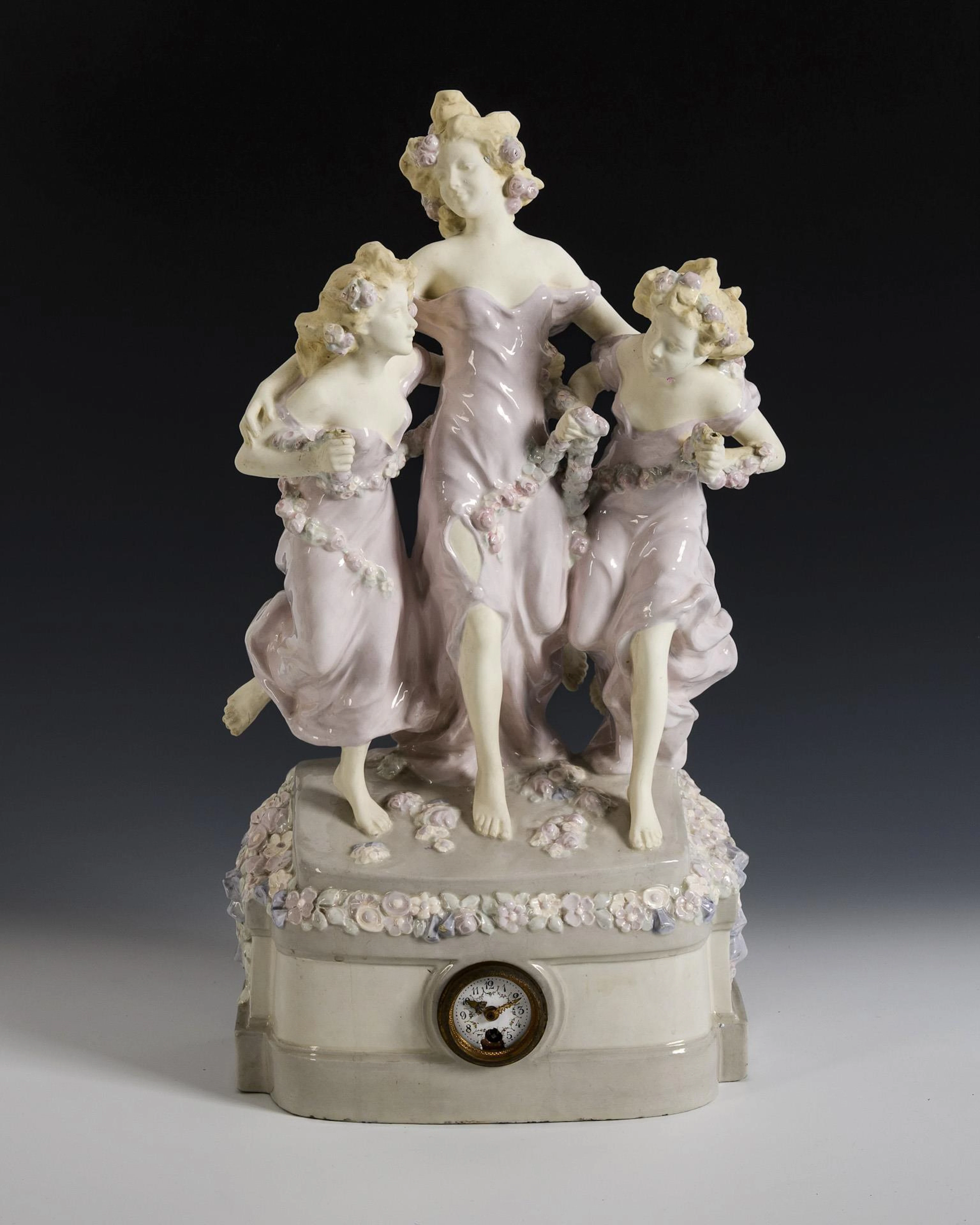 Art Nouveau clock with group of girls. Vienna enamel paint factory