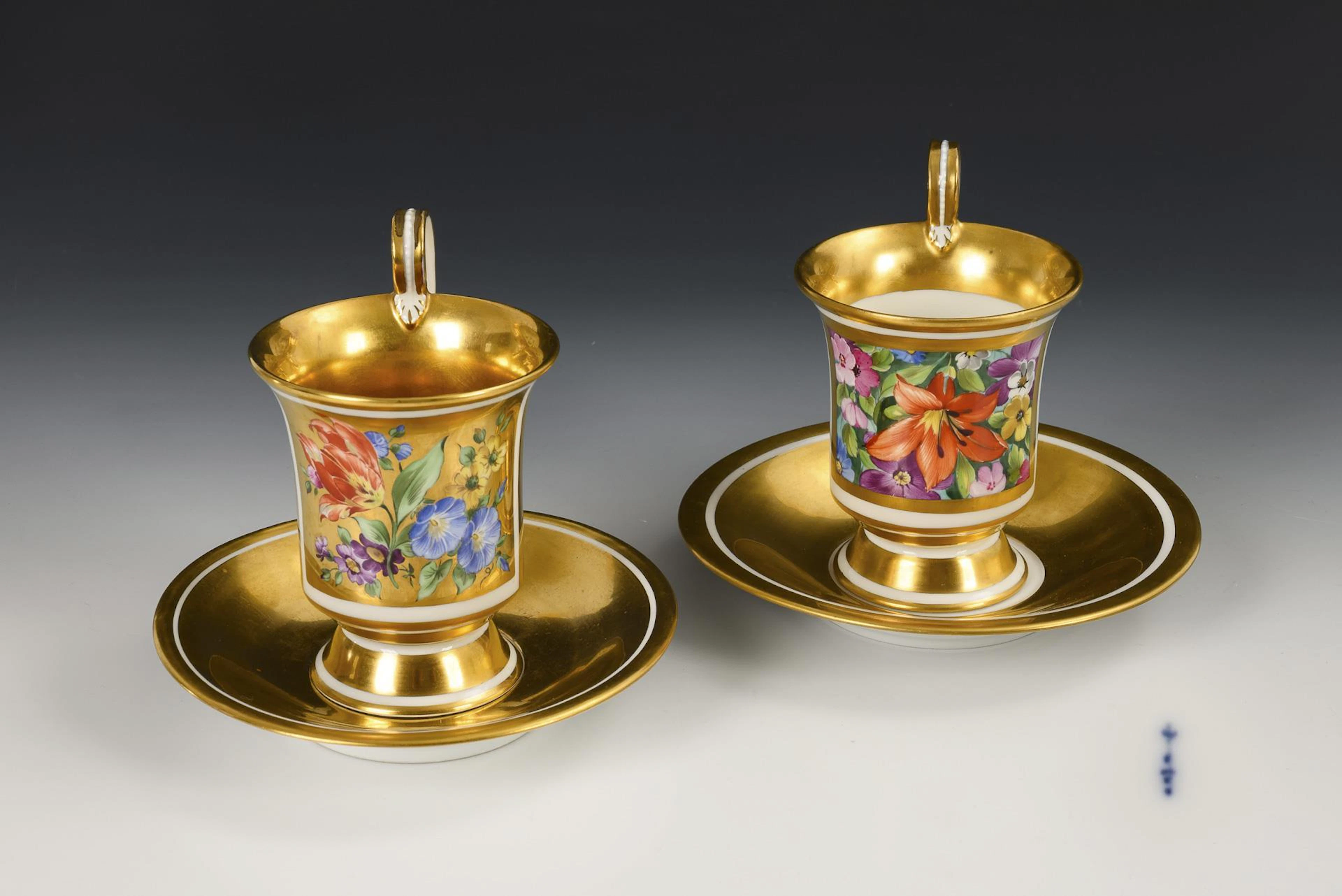 2 glass cups with flower painting. KPM Berlin.