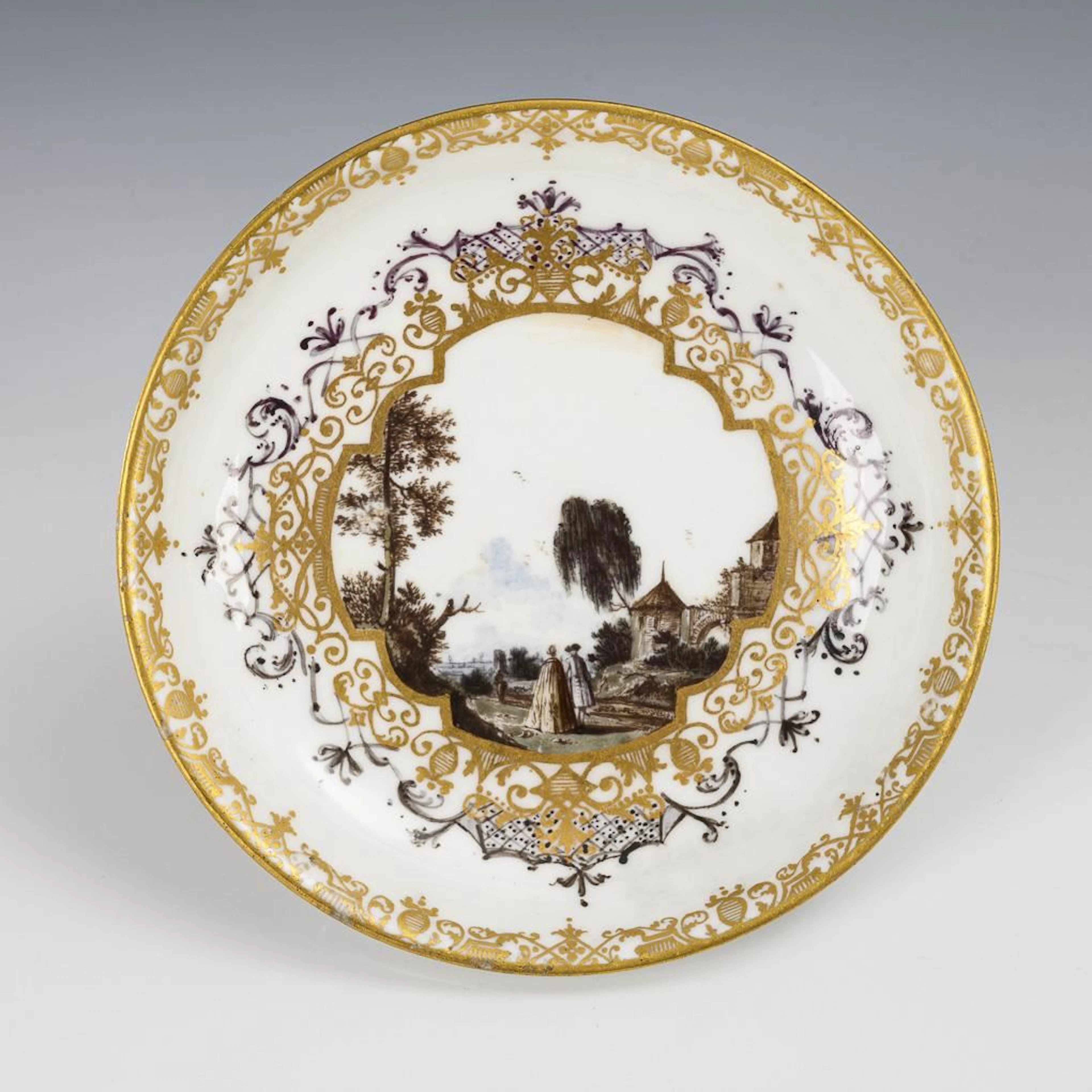 Baroque saucer with landscape painting. Meissen.
