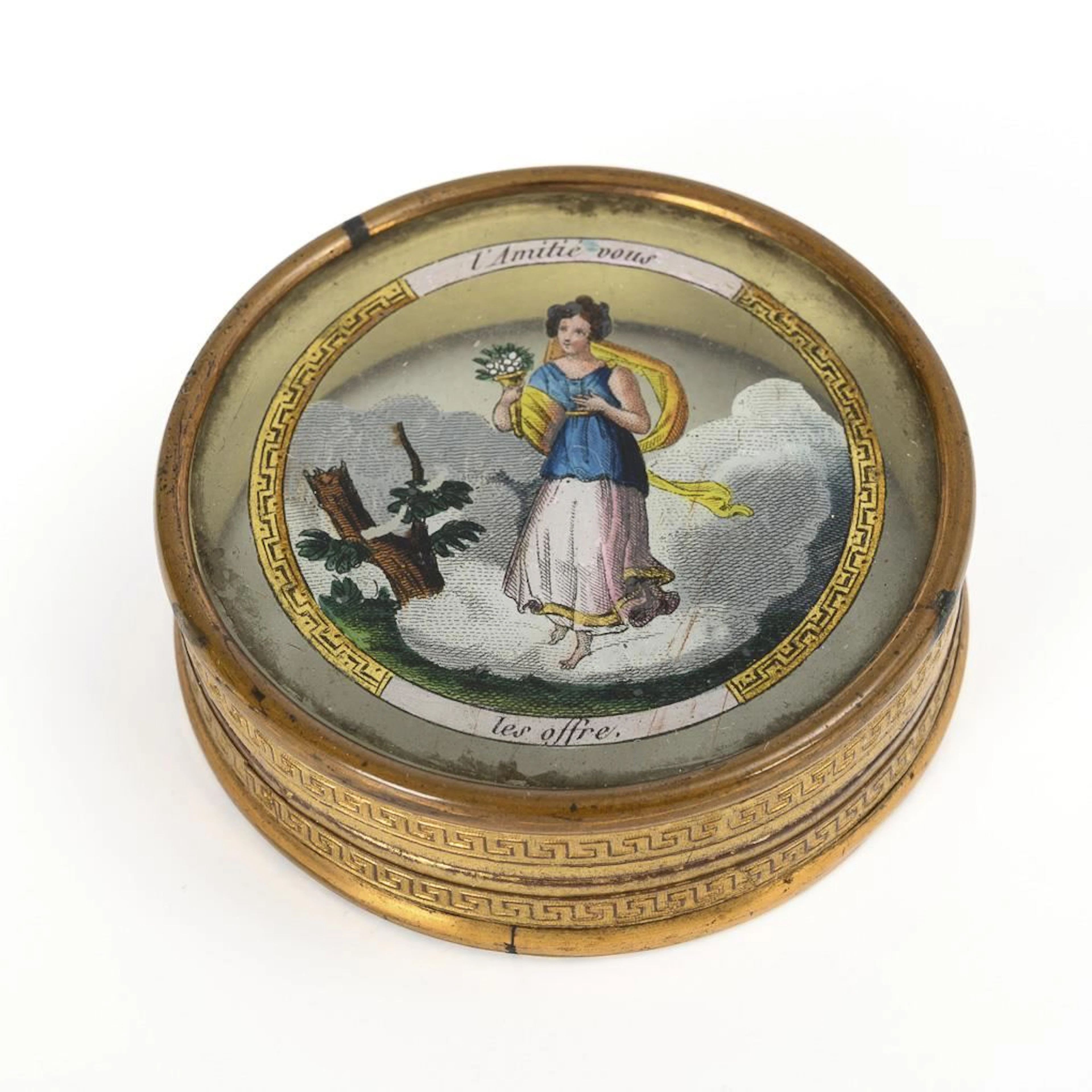 Round Biedermeier casket with reverse-glass painting.