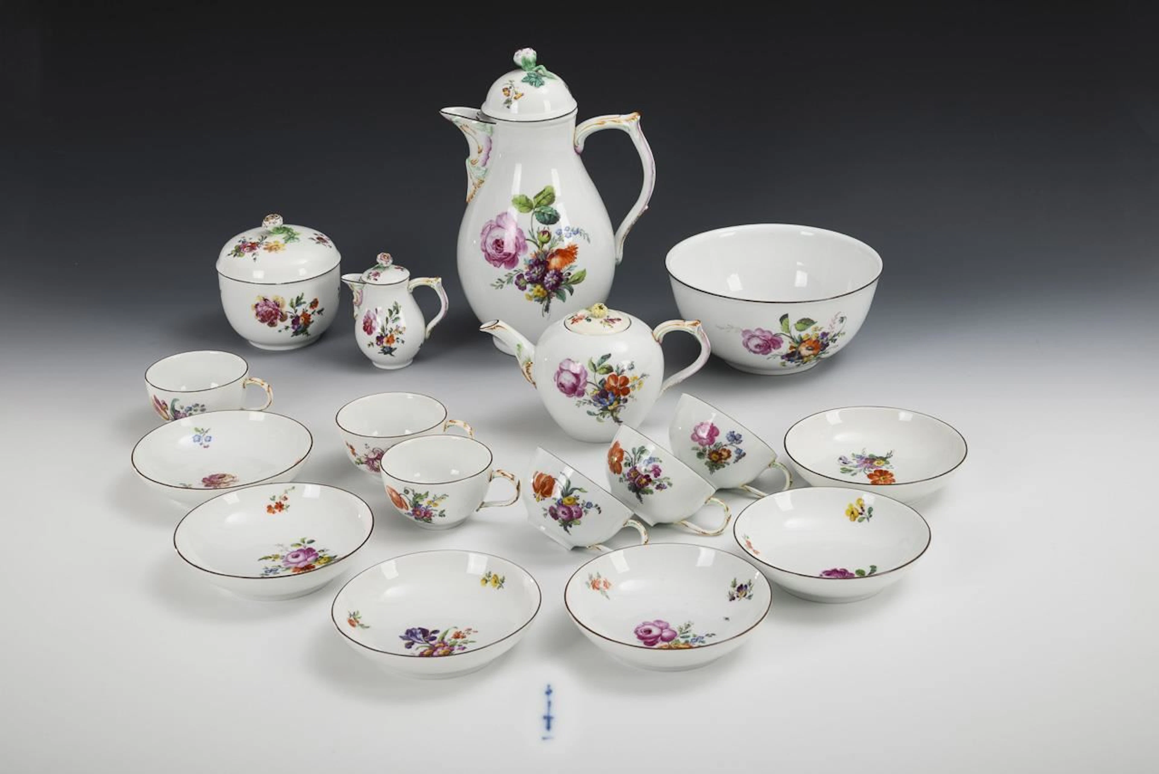 Baroque coffee and tea set with floral painting. KPM Berlin.
