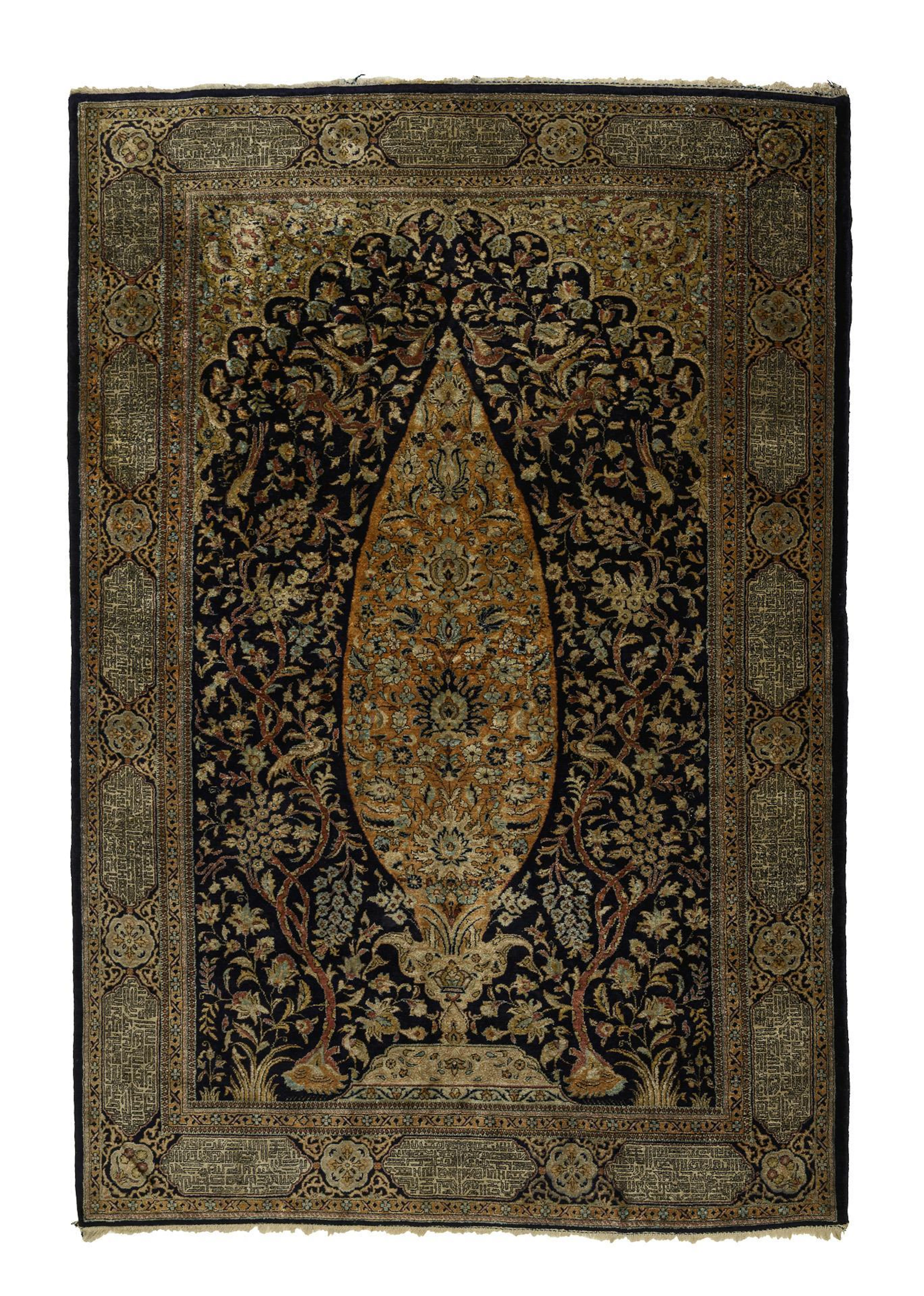 Oriental "Ghom" silk carpet with tree of life.
