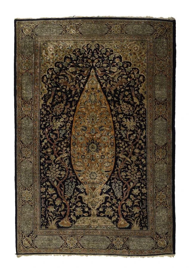 Oriental "Ghom" silk carpet with tree of life.