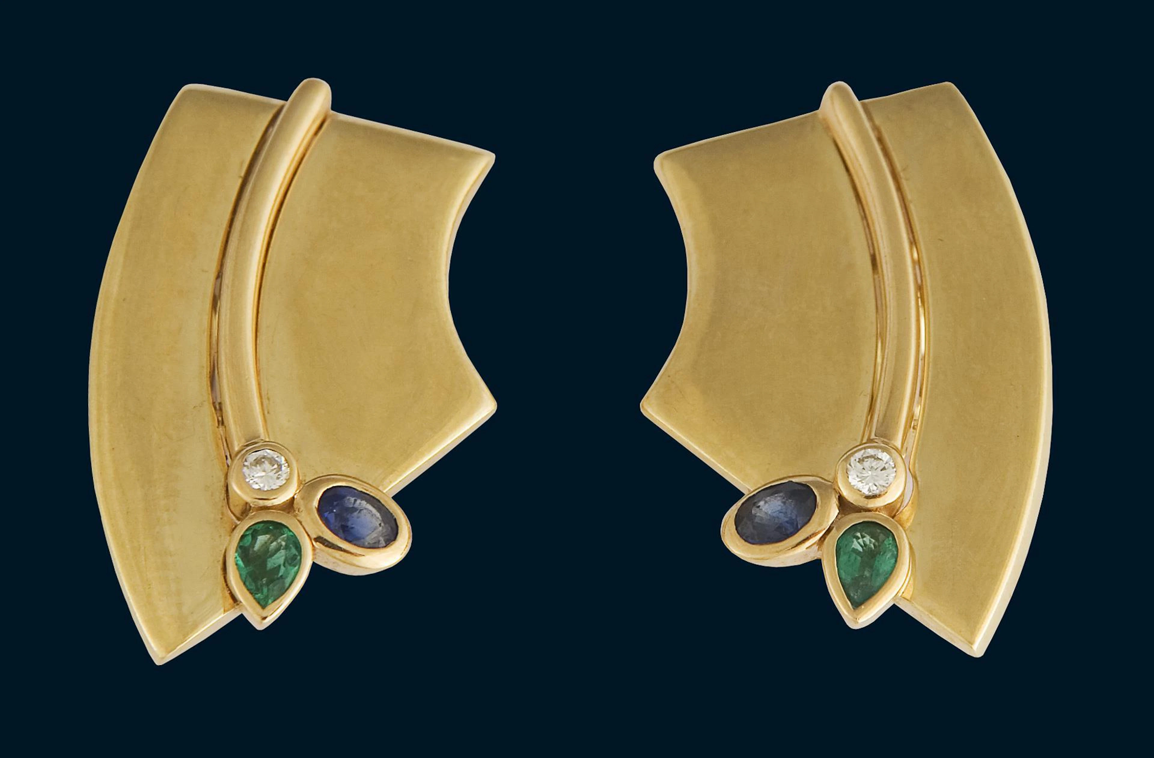 Pair of sapphire emerald diamond ear clips. Cadeaux Jewellery.