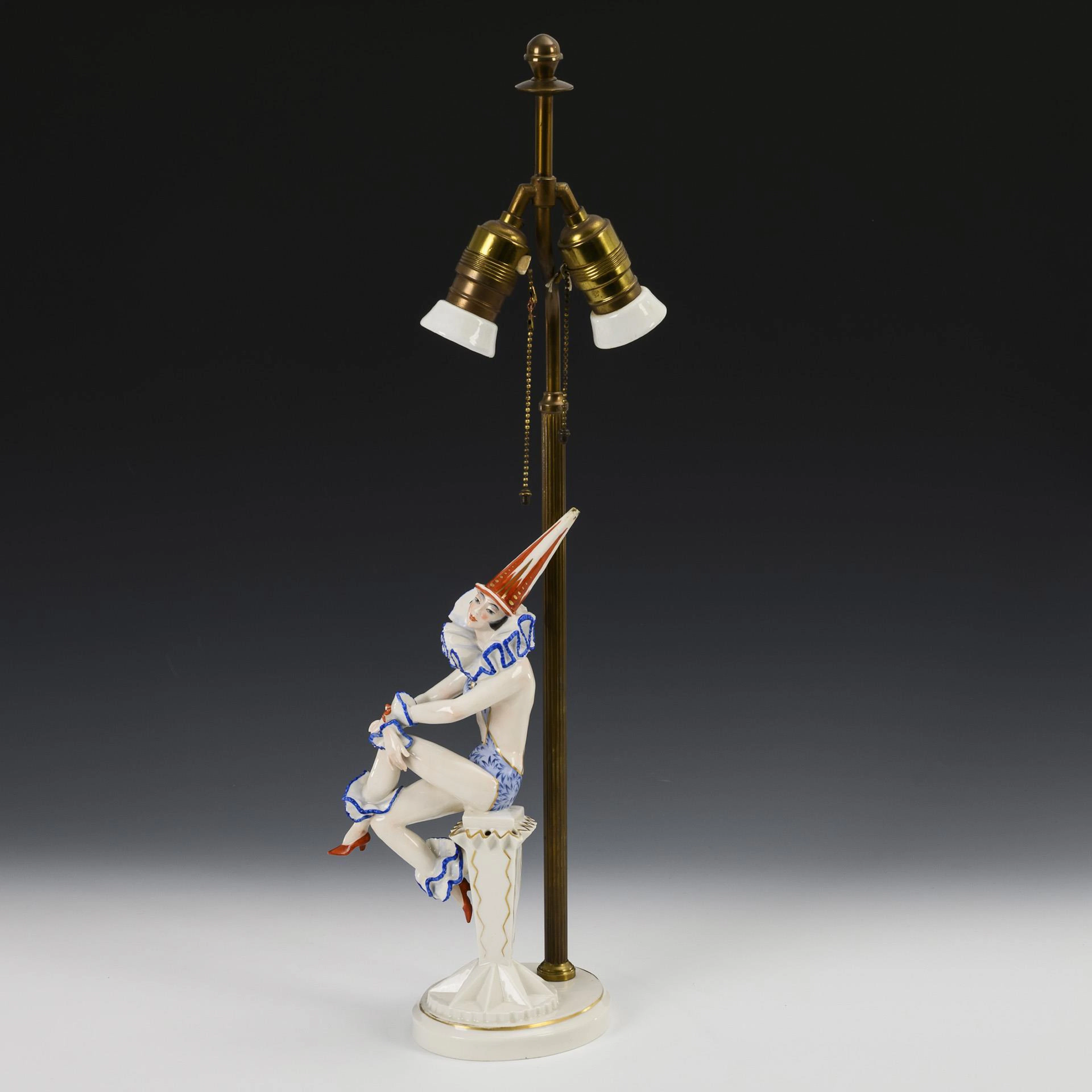 Art deco lamp base: Pierrette on column. Schwarzburger Werkstätten.
