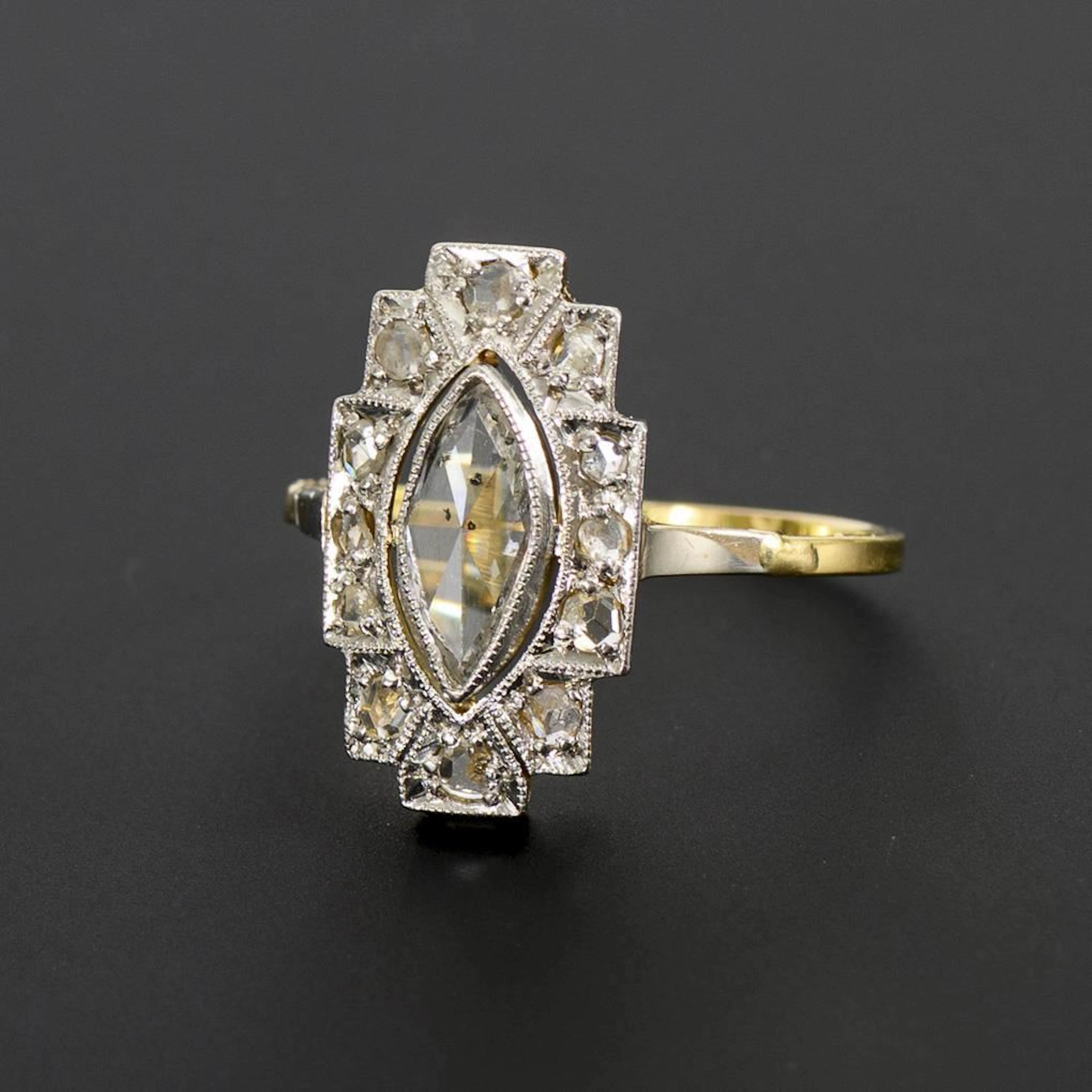 Art Deco ring with a navette-shaped diamond.