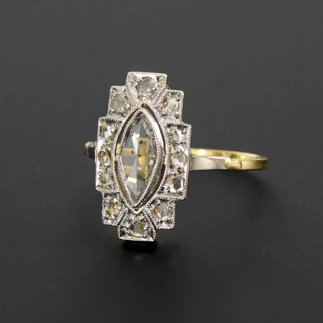 Art Deco ring with a navette-shaped diamond.