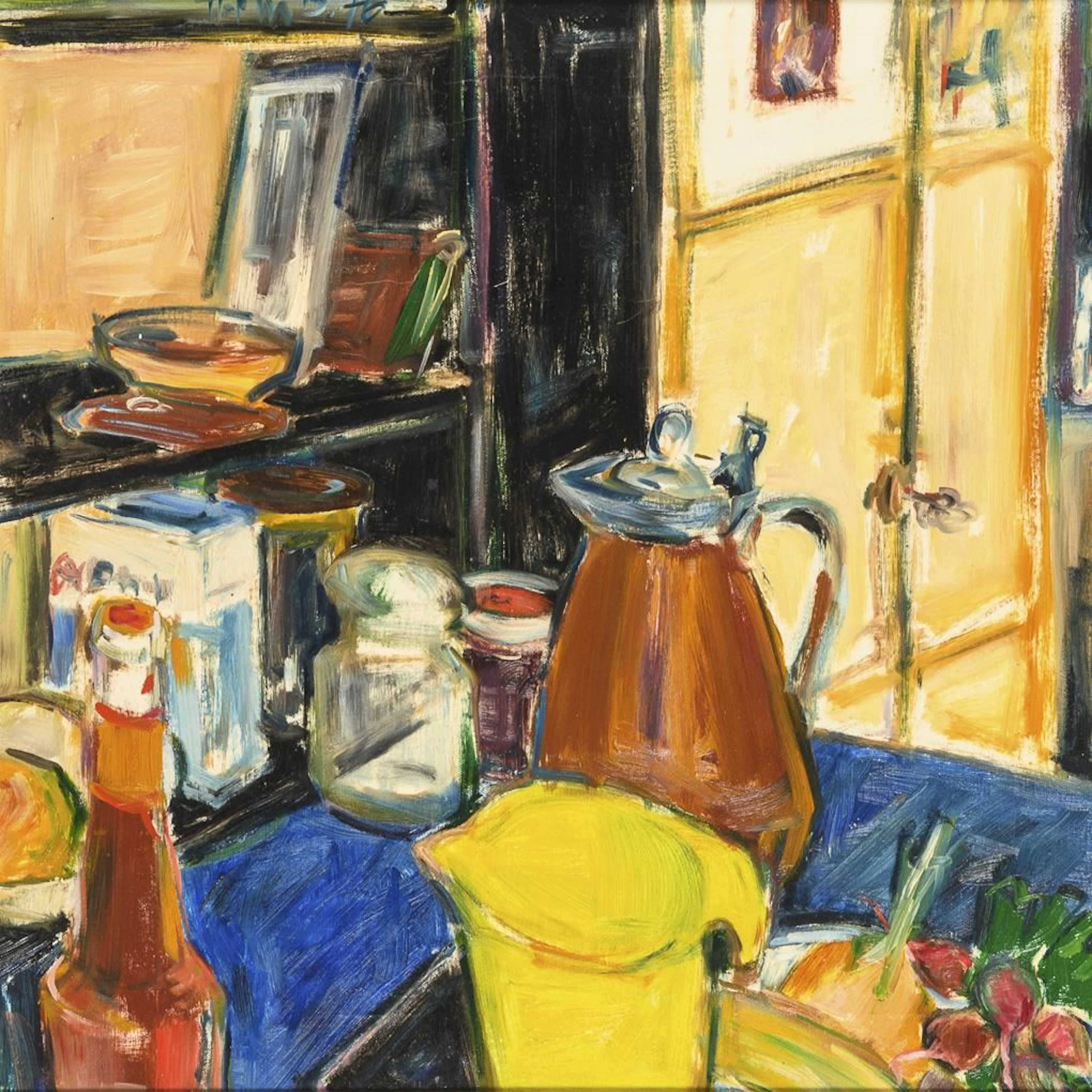 Indistinctly signed: "Still Life with Jugs"
