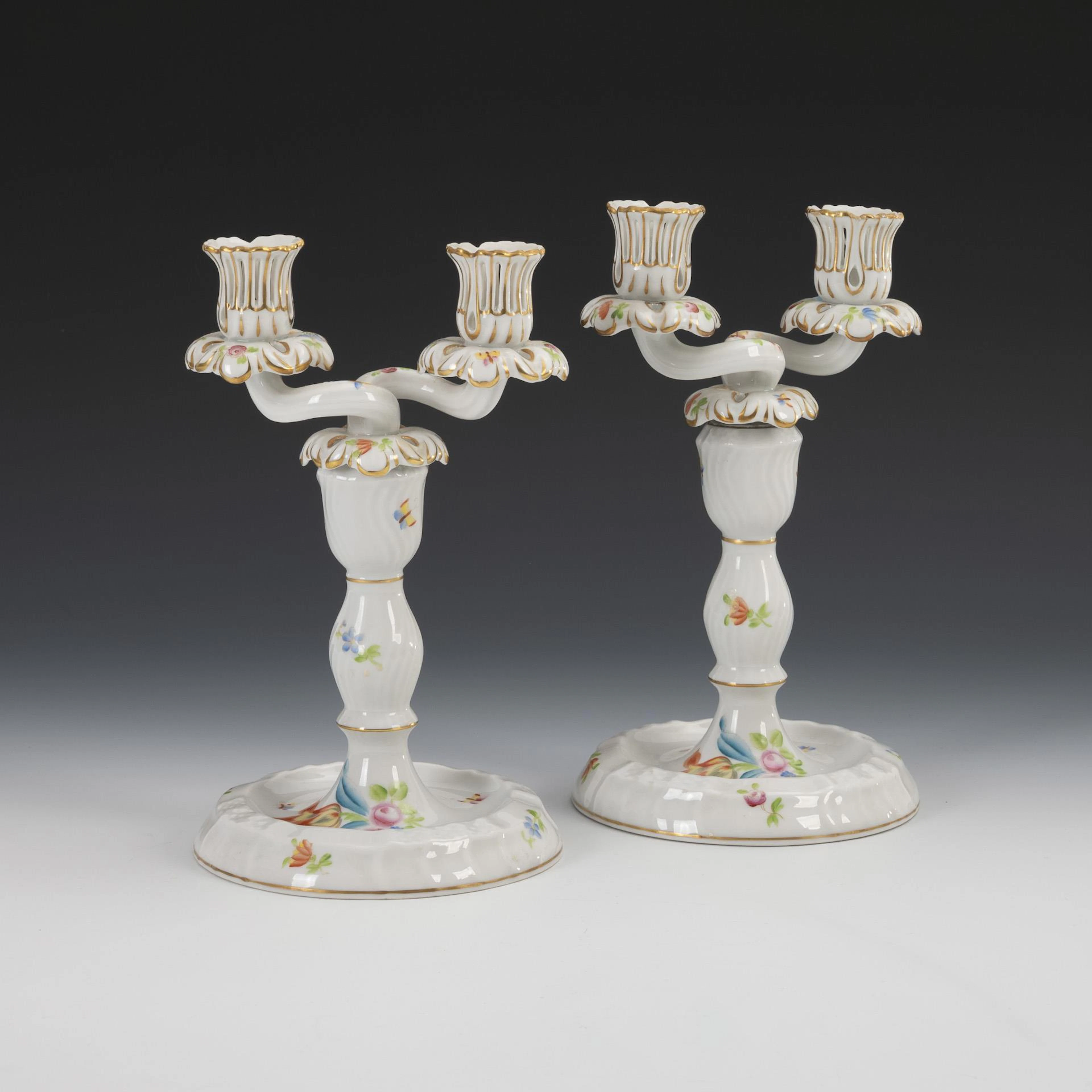 Pair of candlesticks with flower painting. Herend.