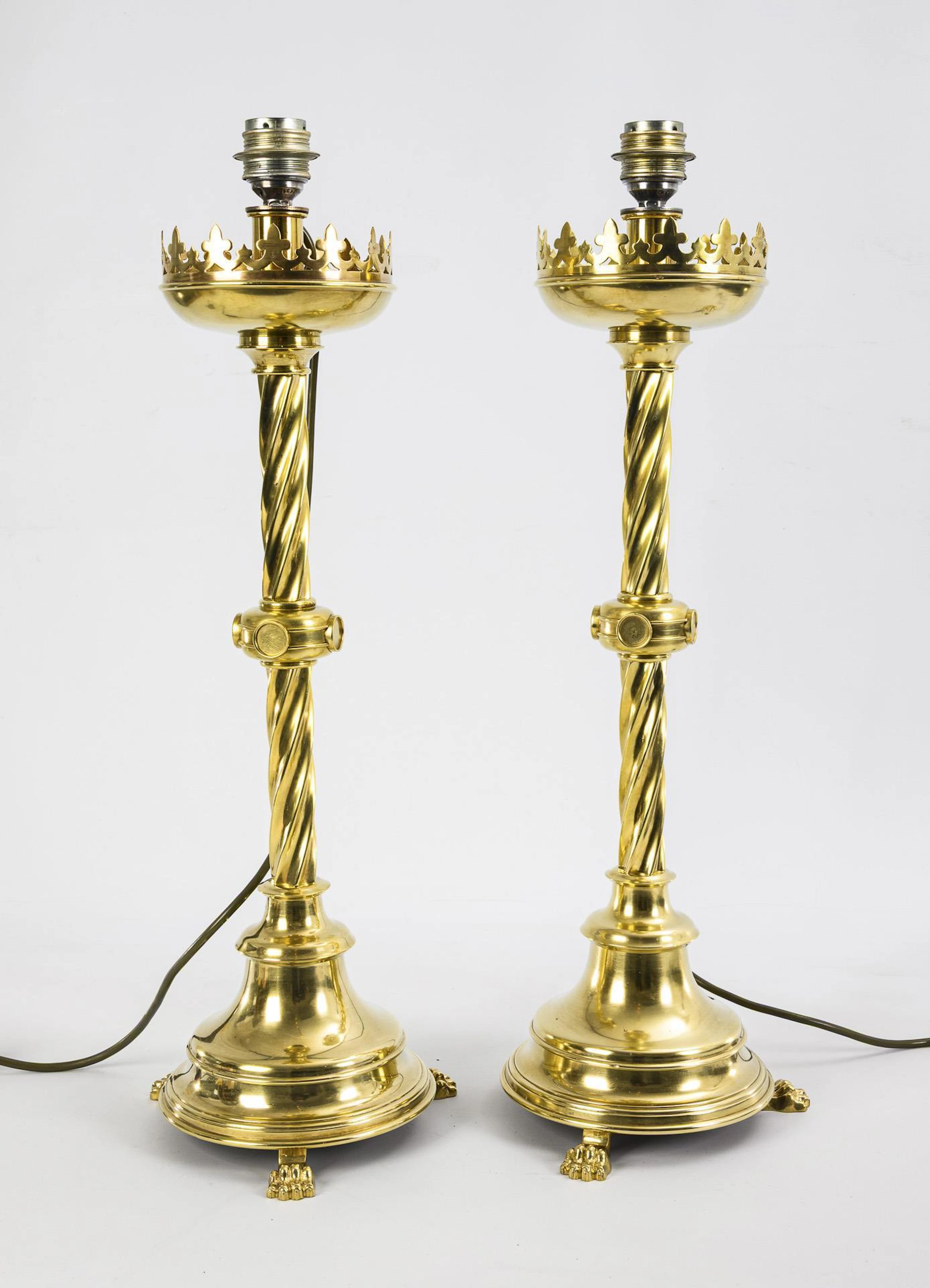 Pair of large neo-Gothic candlesticks as table lamps.