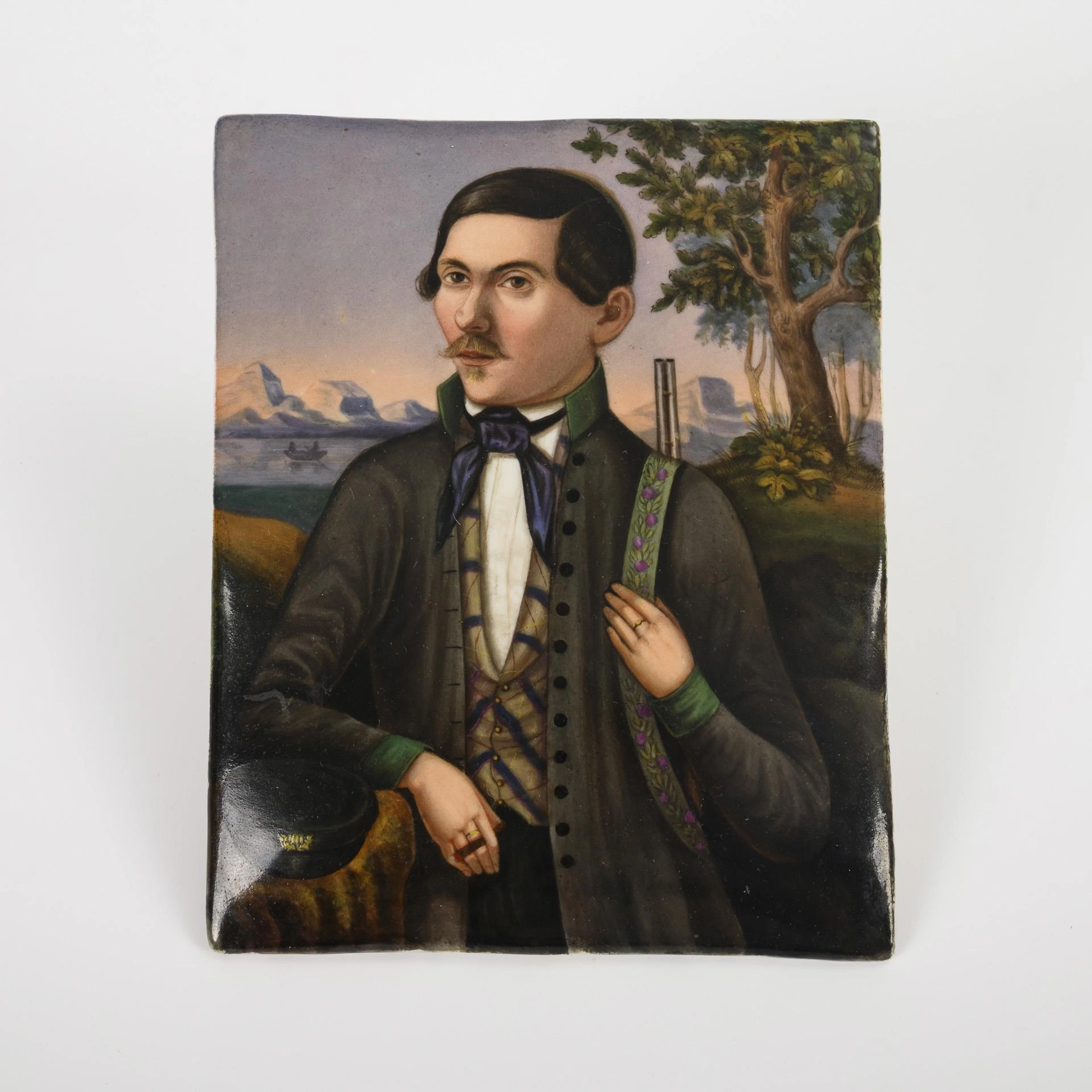 Small porcelain painting: Hunter's portrait. KPM Berlin.