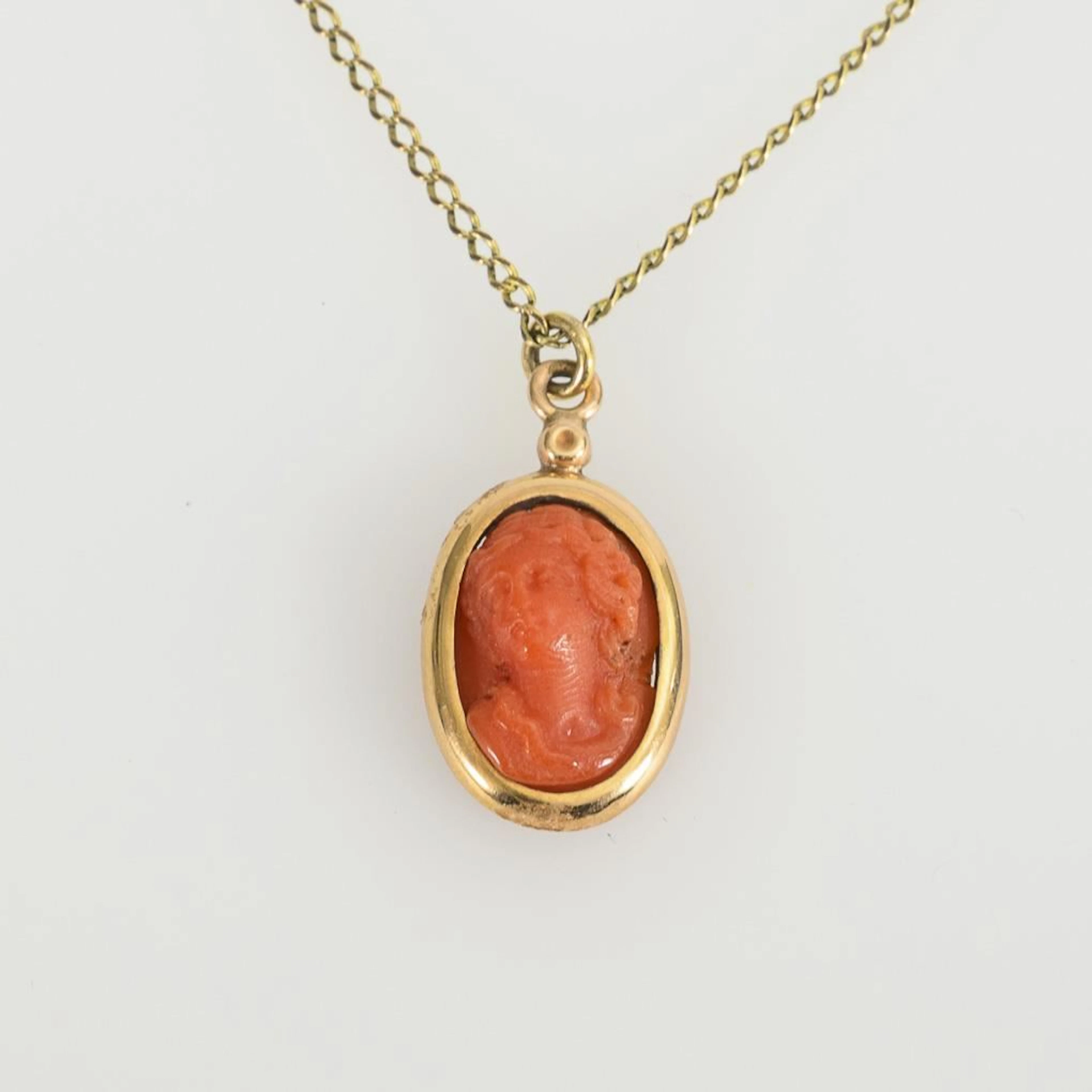 Pendant with a historic coral gemstone on a chain.