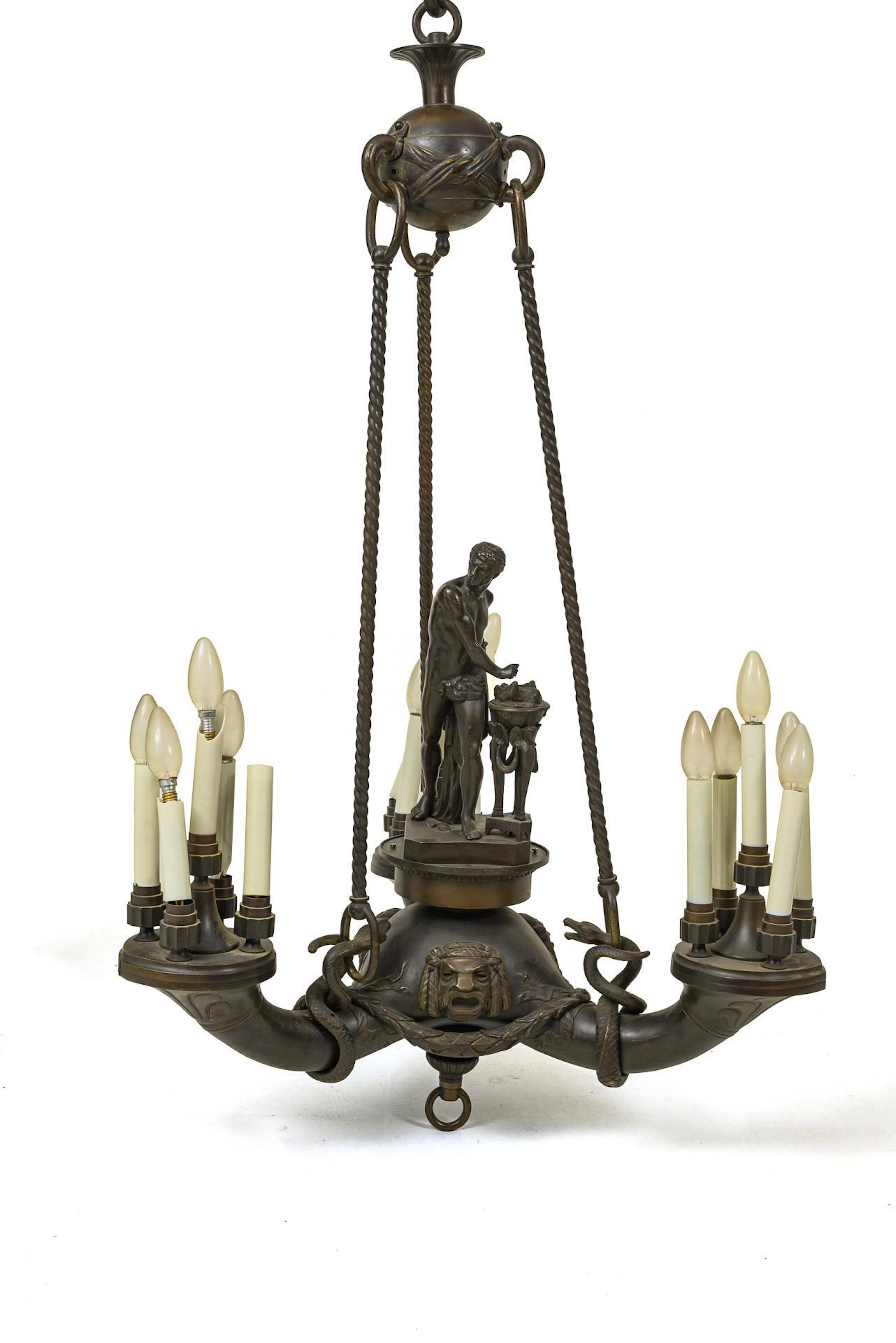 Art deco ceiling lamp with sculptural decoration.