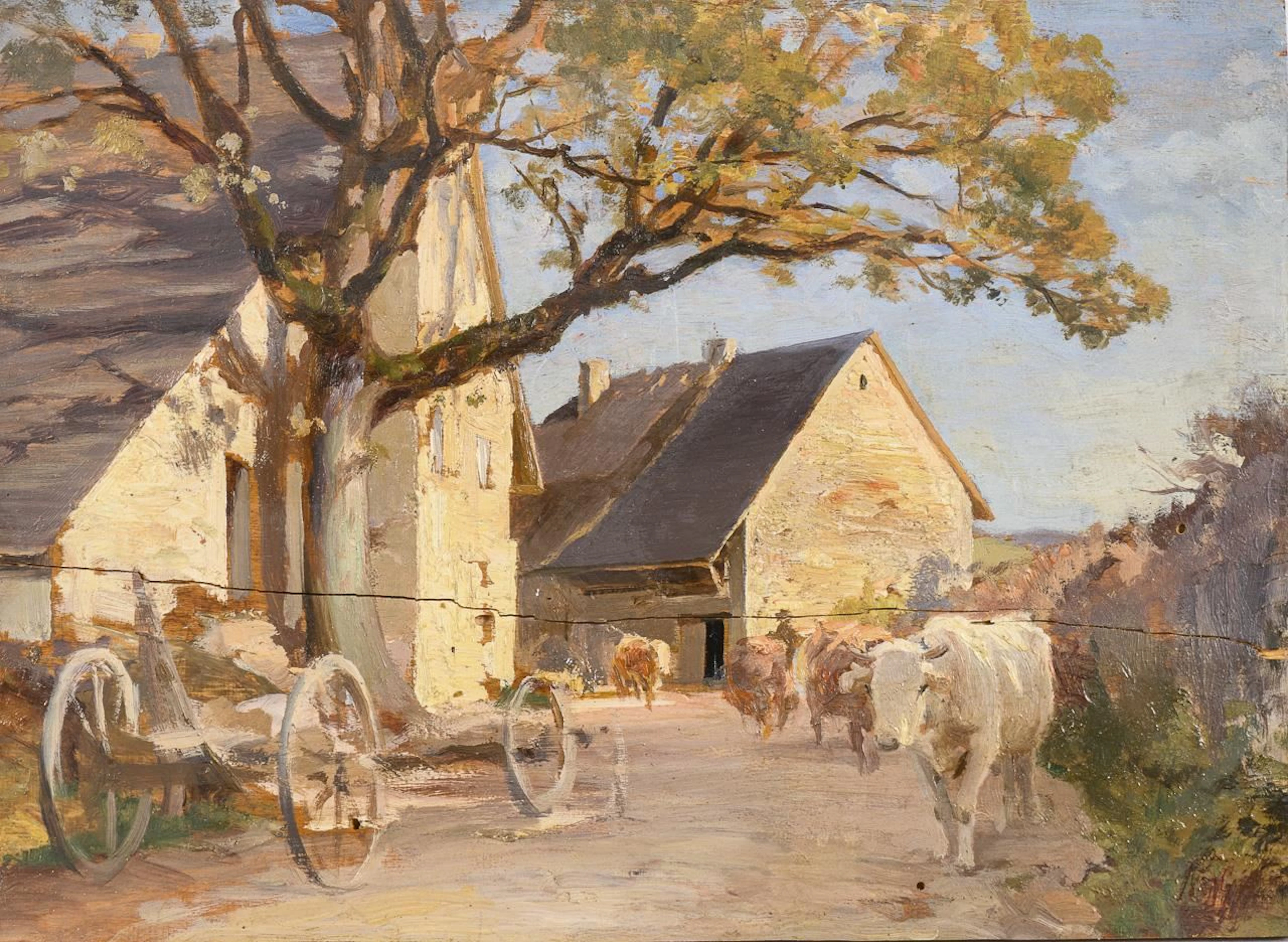 Indistinctly signed: Sunny Village Street with Livestock