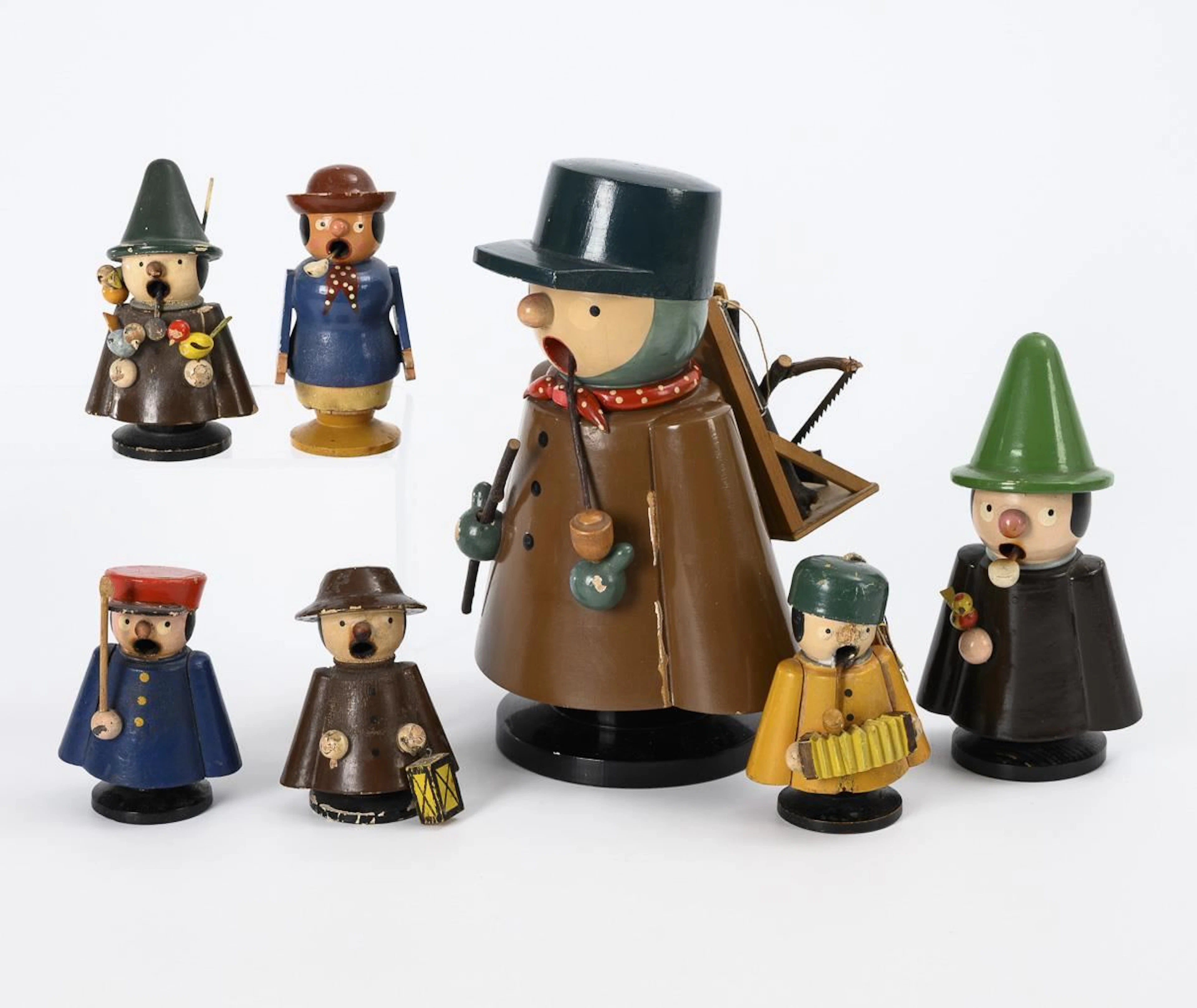 7 Incense-Burning Figures in Cowls. Otto Ulbricht, Seiffen.