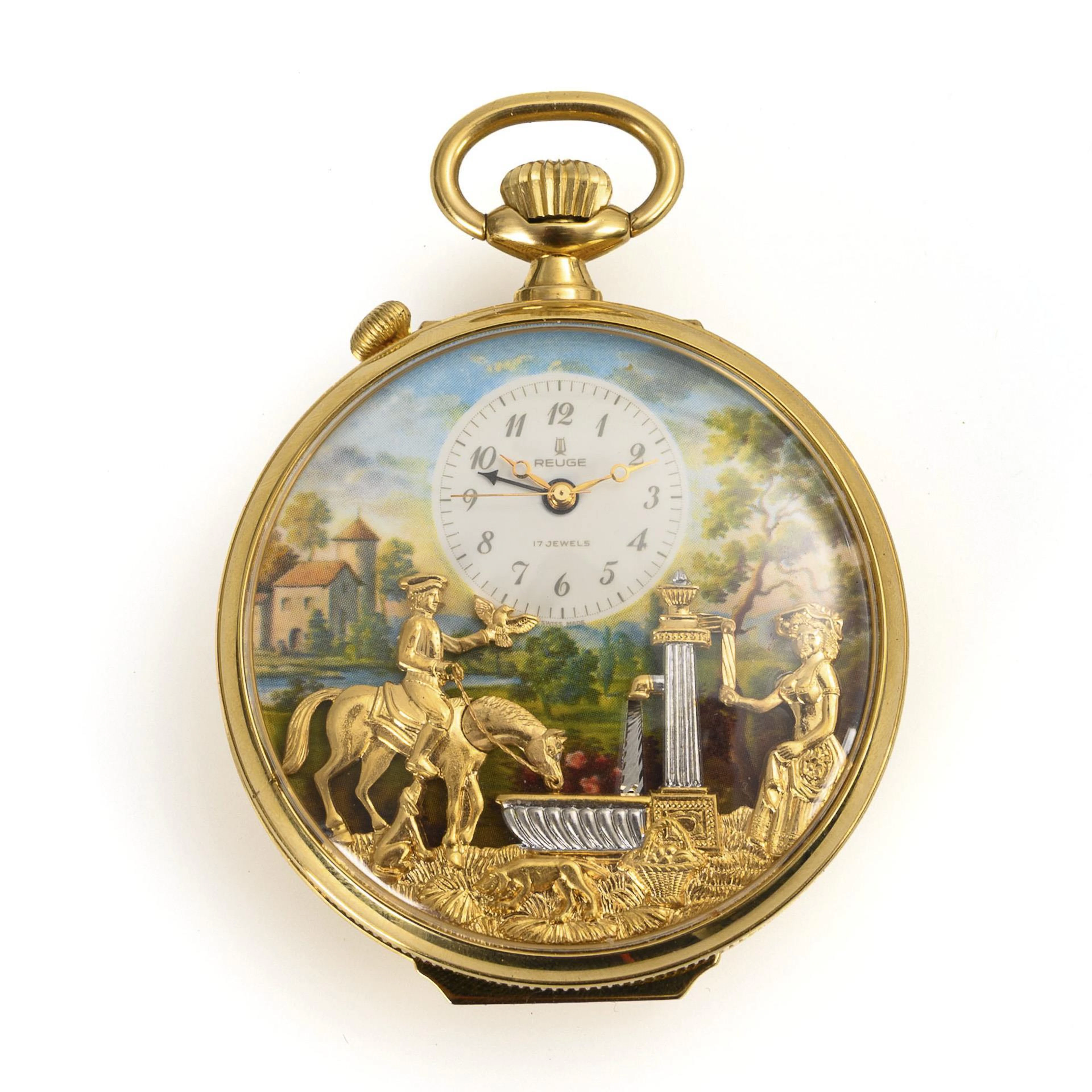 Pocket watch with figurine automaton, musical movement and alarm function