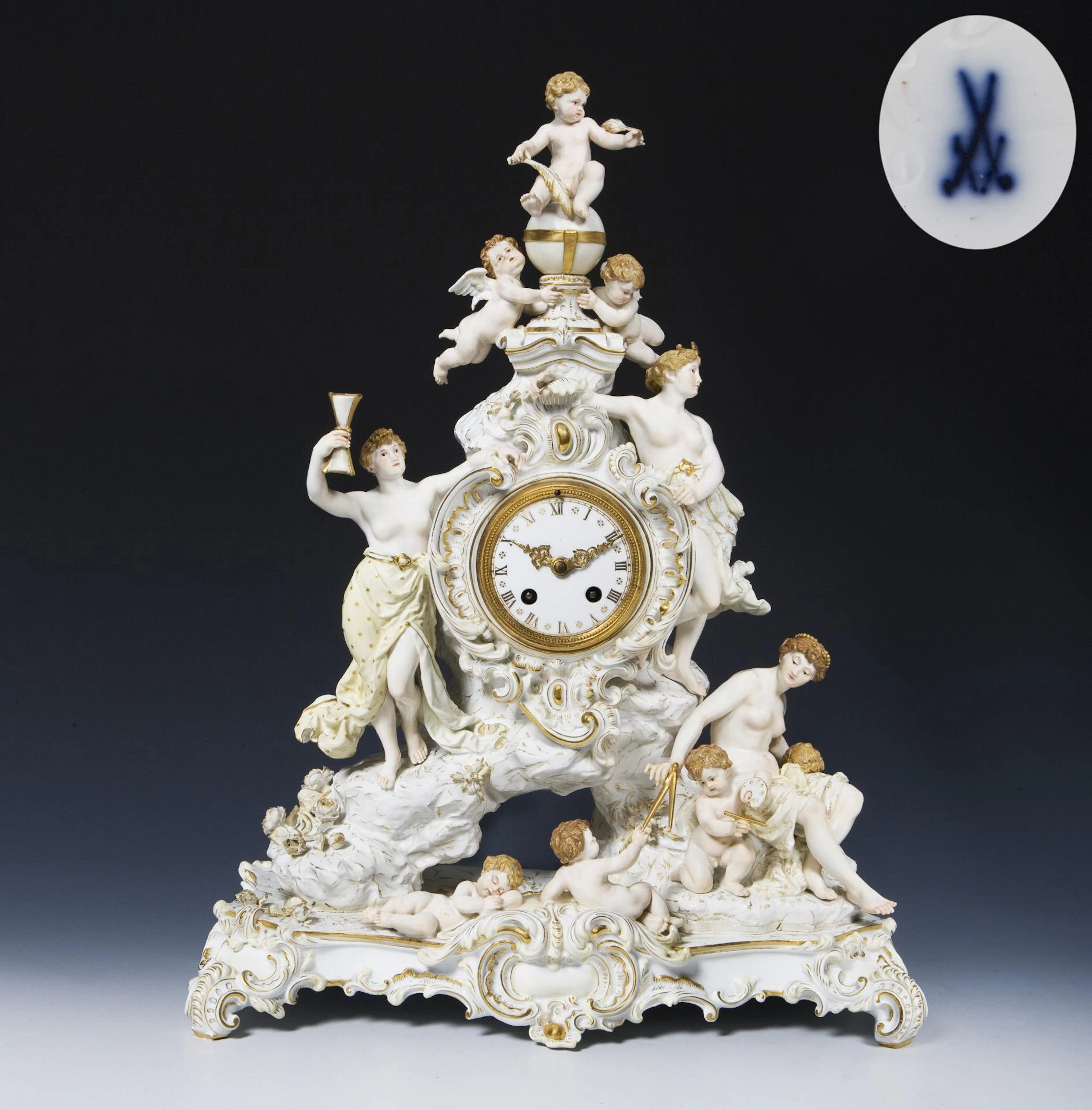 Large clock case with allegorical figures and cupids. Meissen.