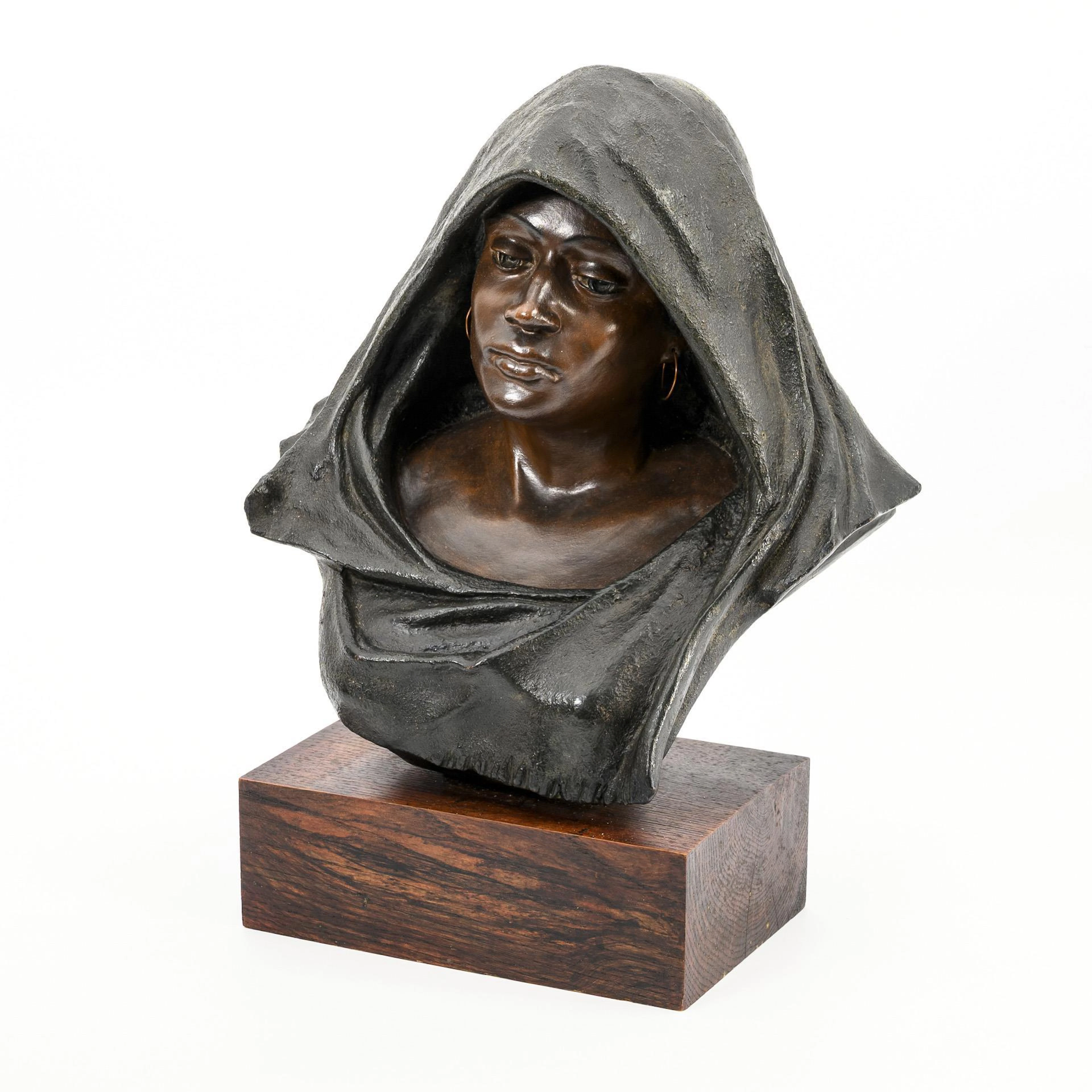 Art Nouveau terracotta bust "African Woman" on a wooden base