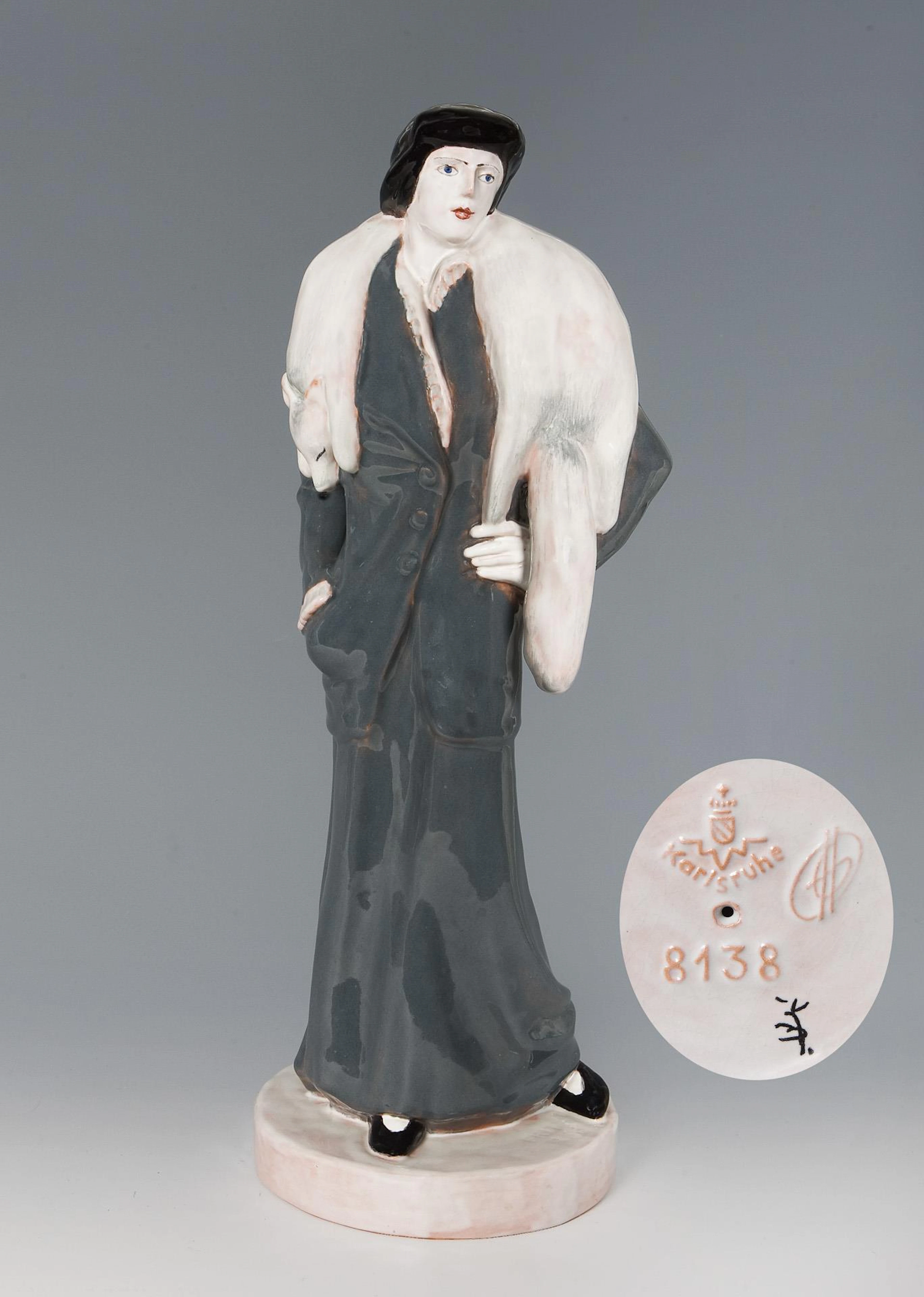 Large figure: lady with fur stole. Carlsruhe majolica.