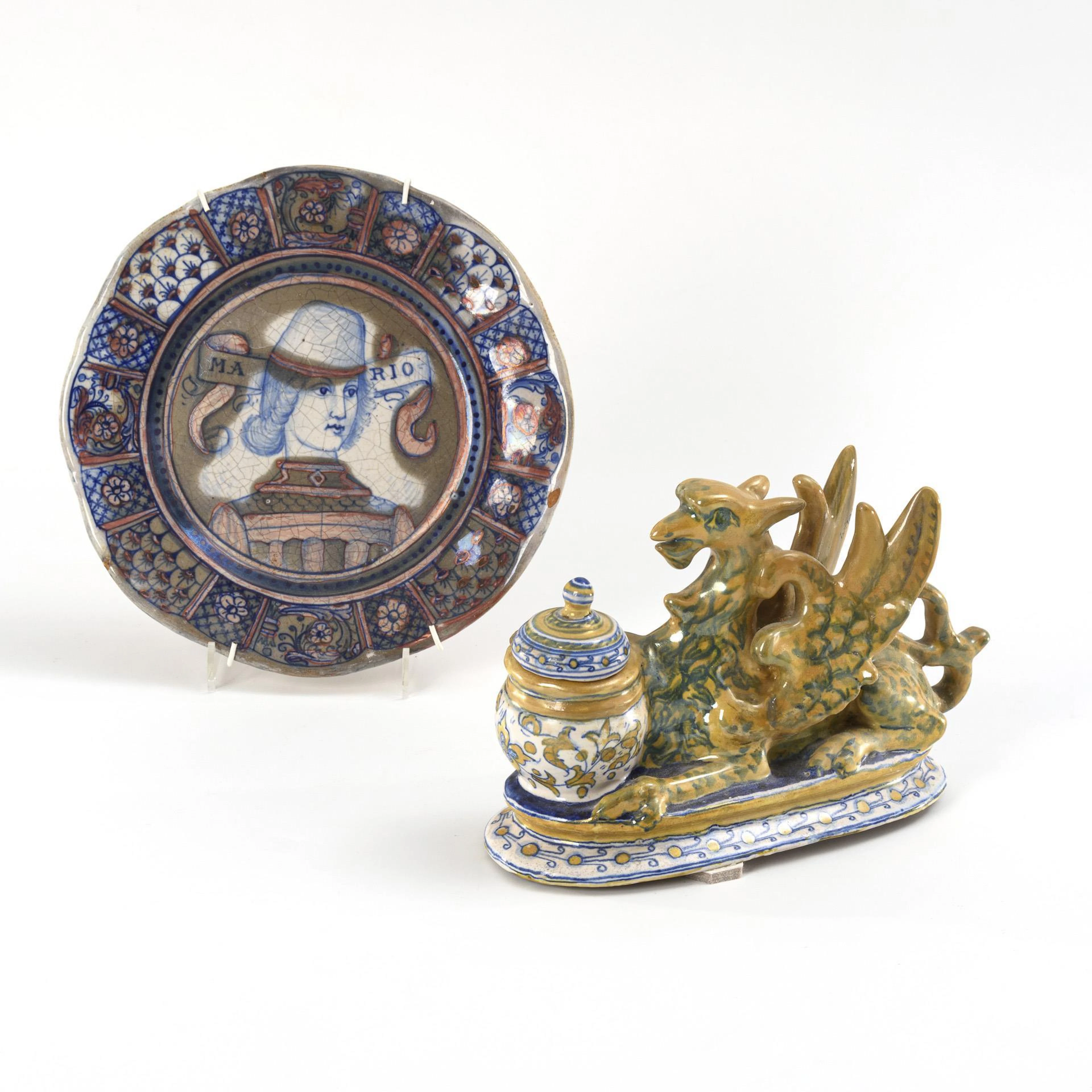 Italian faience writing utensil with griffin and faience plate with