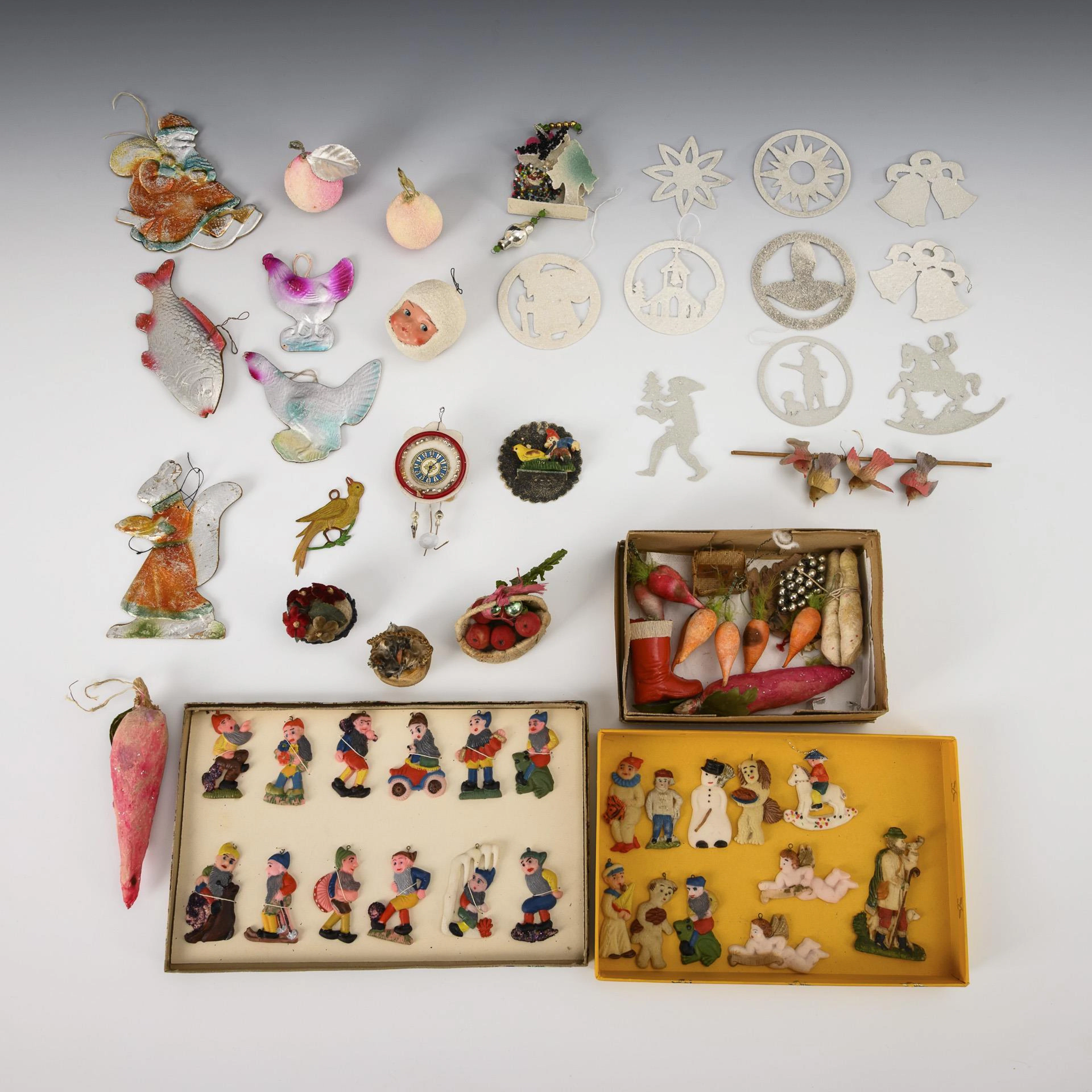 Christmas tree decorations and figurines.