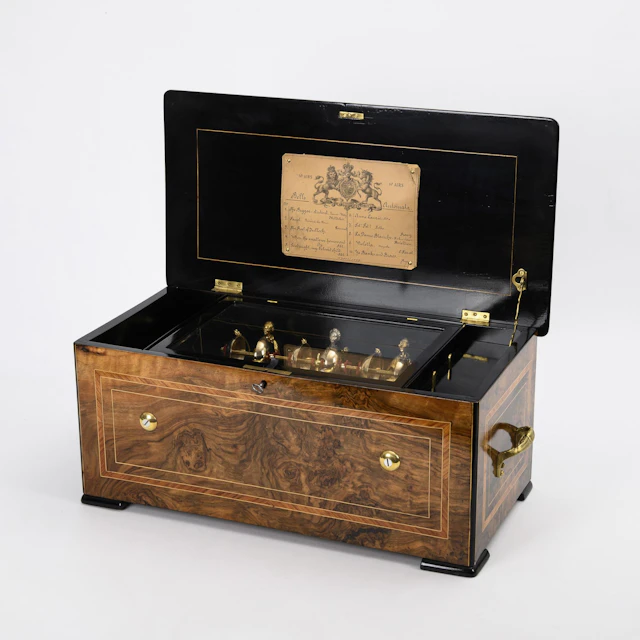 Extraordinary barrel music box with figural striking mechanism.