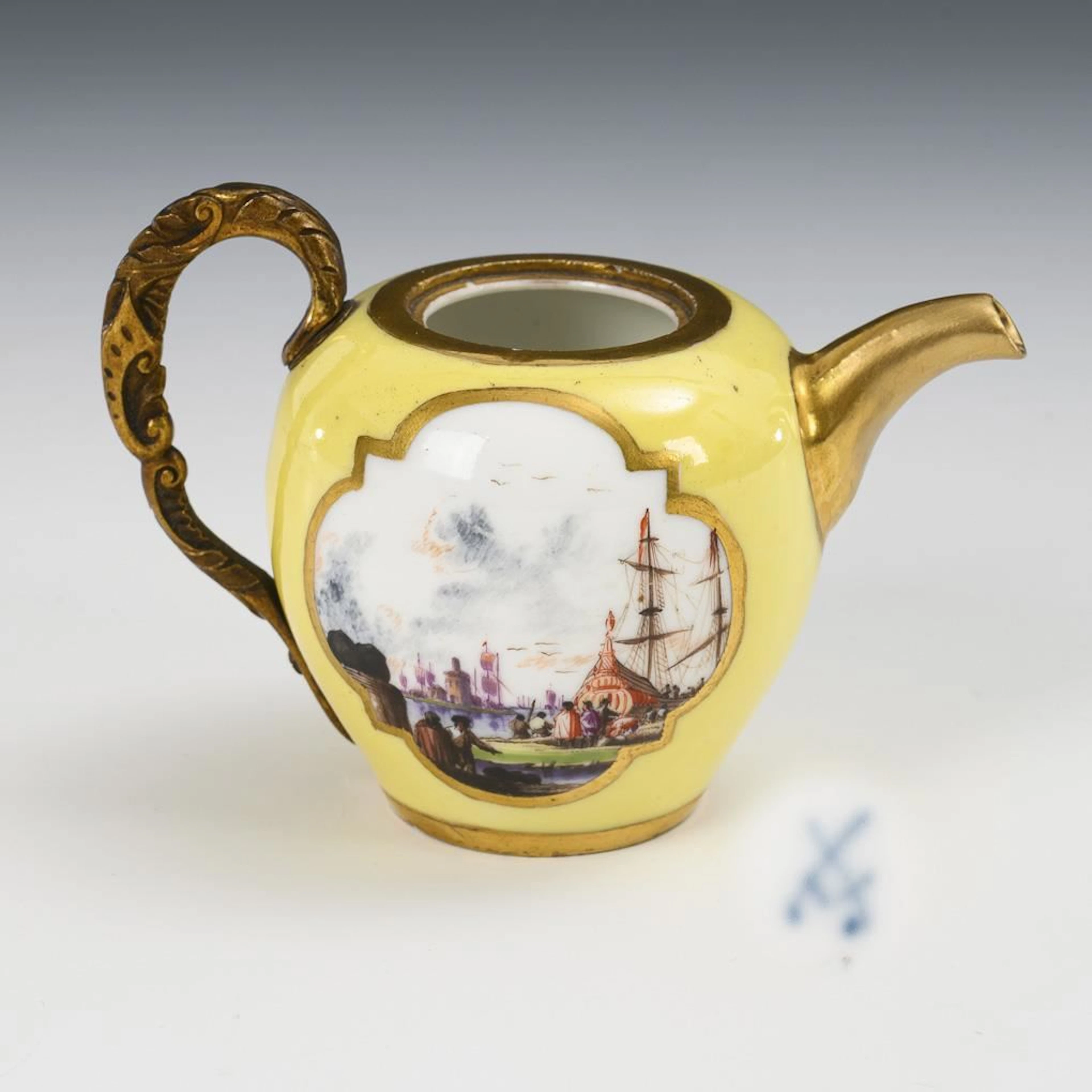 Baroque miniature jug with merchant ship painting. Meissen.