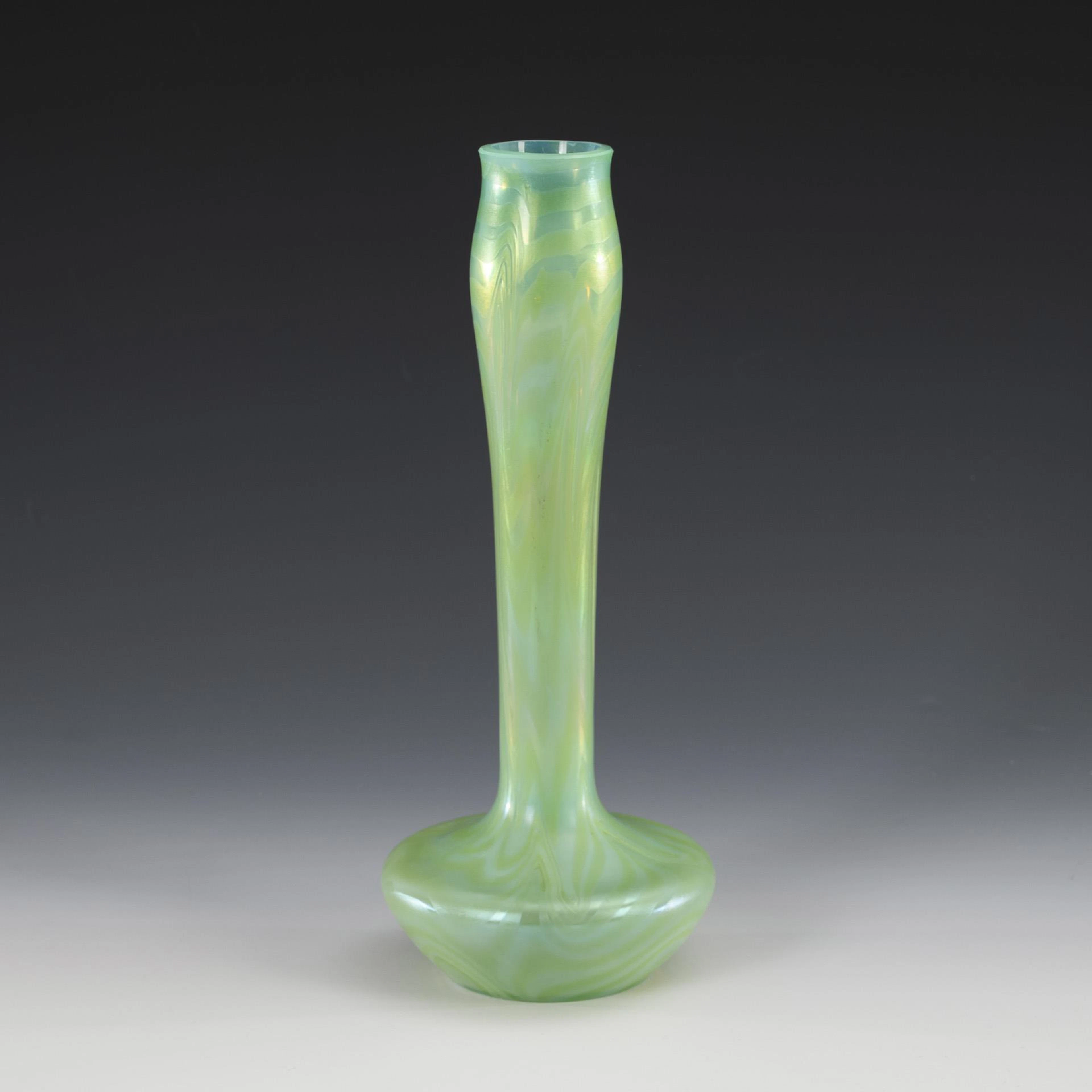 Uranium glass long-neck vase with feather pattern. Kralik.